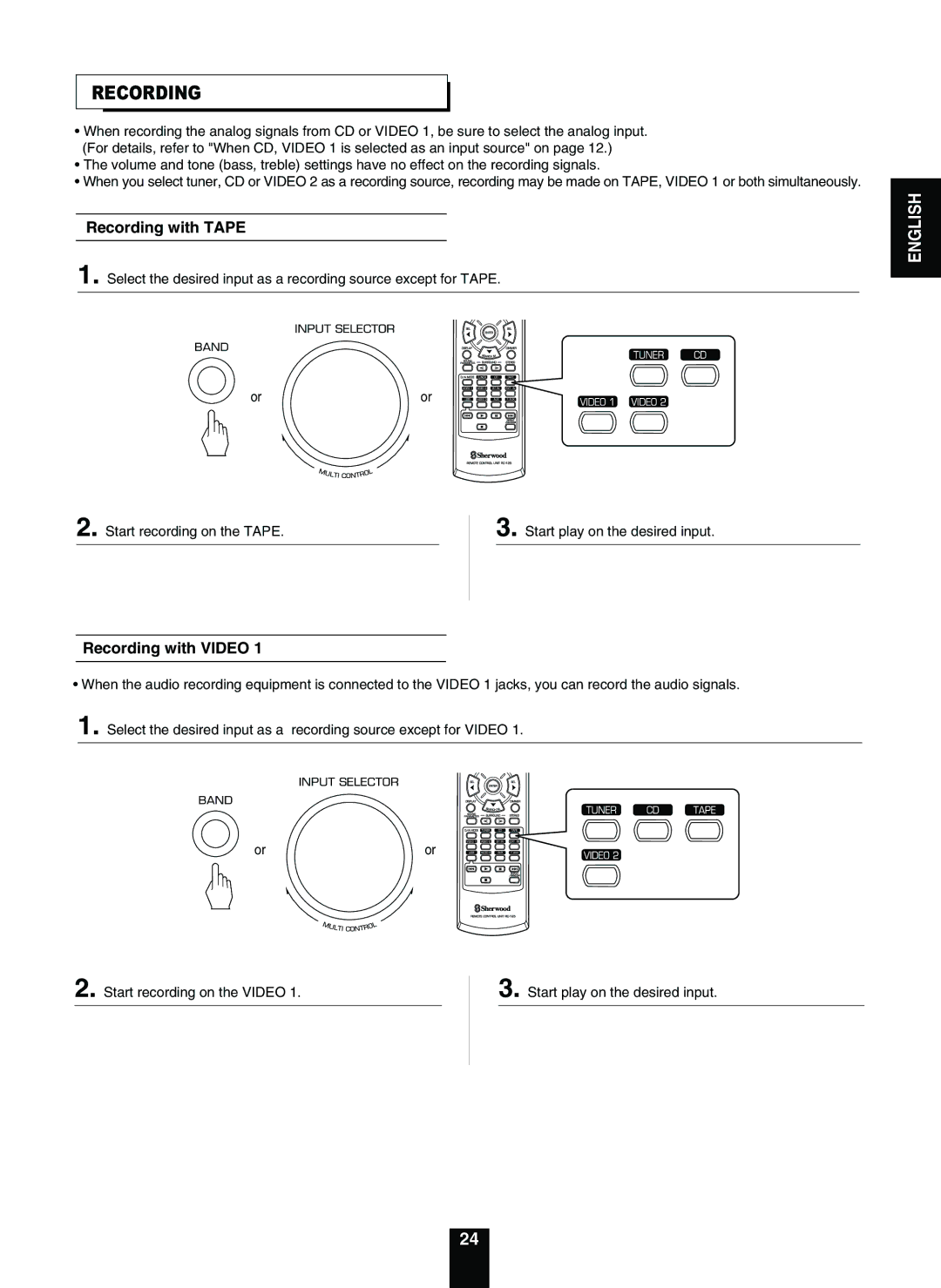 Sherwood RD-5503 operating instructions Recording with Tape, Recording with Video 