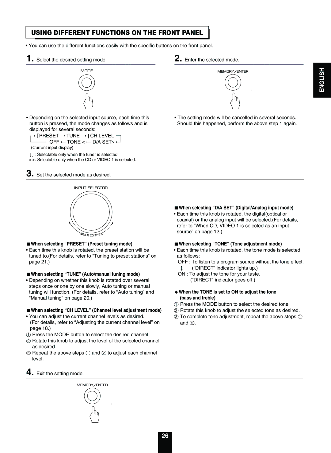 Sherwood RD-5503 operating instructions Using Different Functions on the Front Panel, Preset Tune CH Level OFF Tone SET 