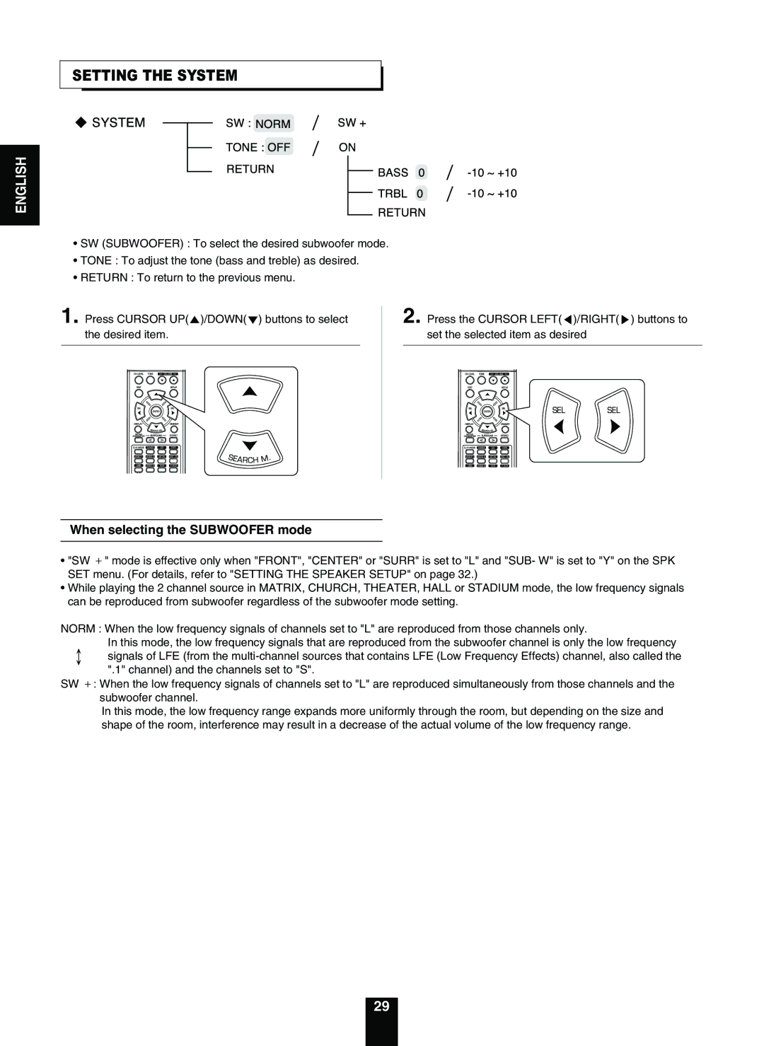 Sherwood RD-5503 operating instructions Setting the System, When selecting the Subwoofer mode 