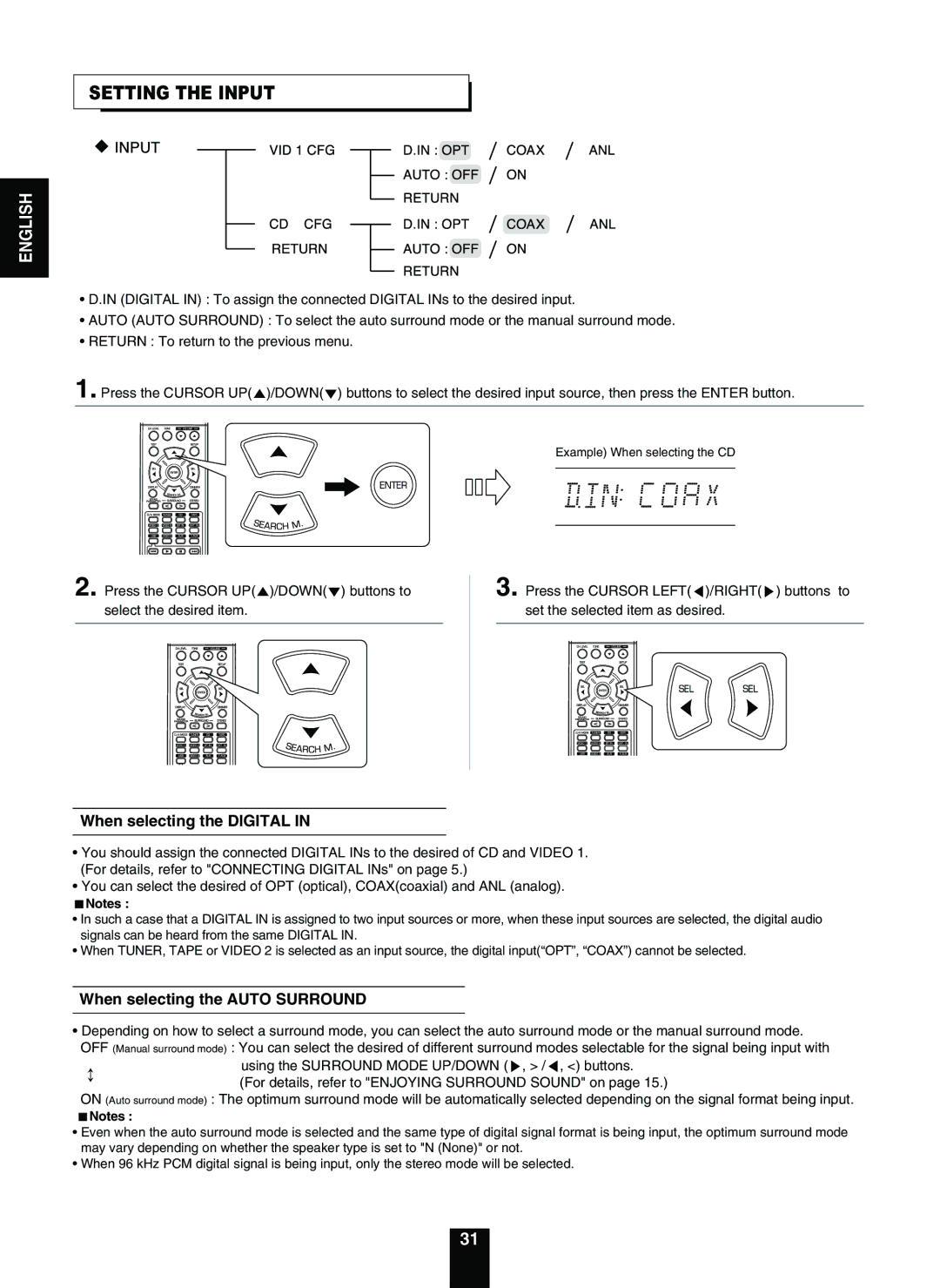 Sherwood RD-5503 operating instructions Setting the Input, When selecting the Digital, When selecting the Auto Surround 