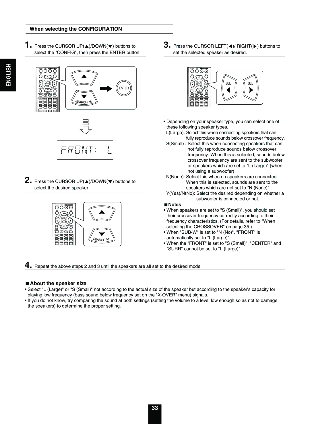 Sherwood RD-5503 operating instructions When selecting the Configuration, About the speaker size 