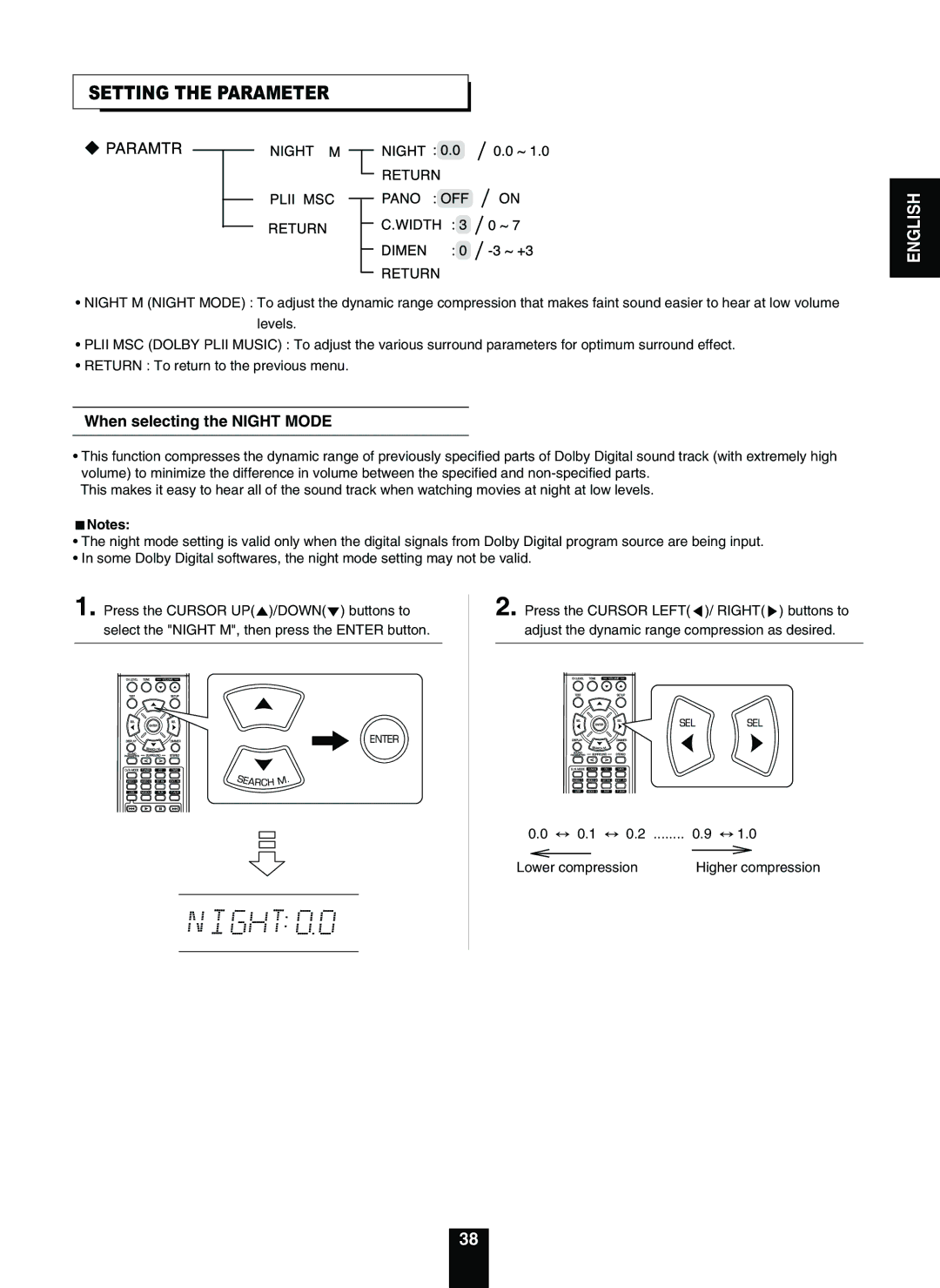 Sherwood RD-5503 operating instructions Setting the Parameter, When selecting the Night Mode 