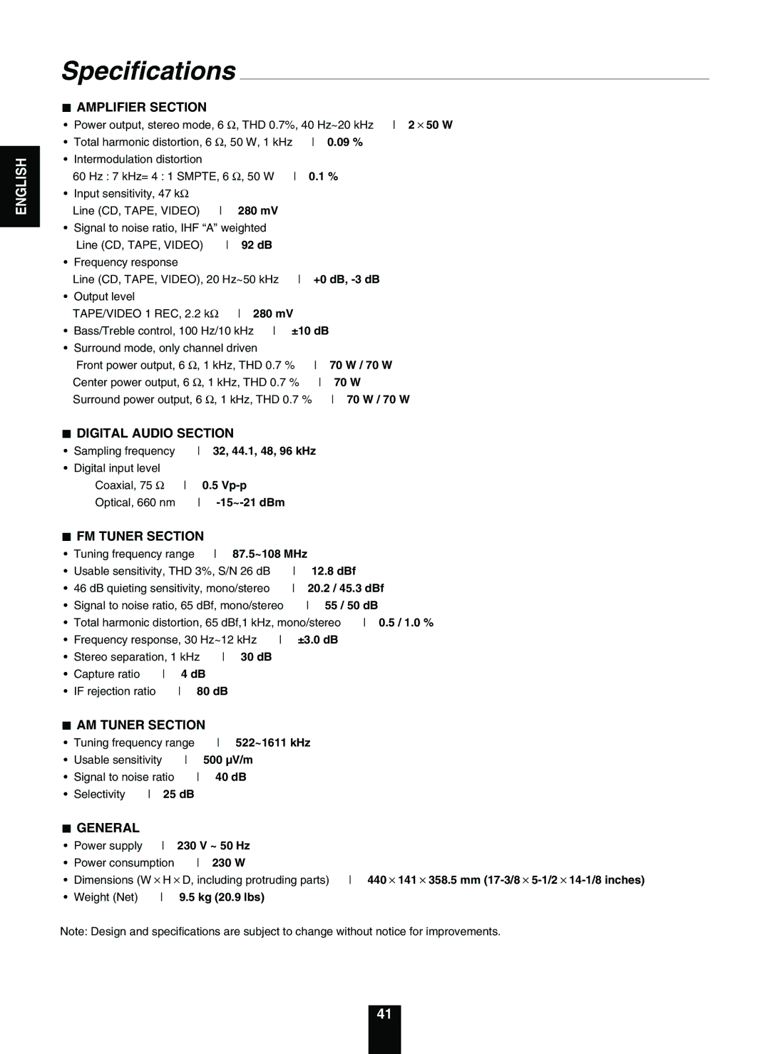 Sherwood RD-5503 operating instructions Specifications 