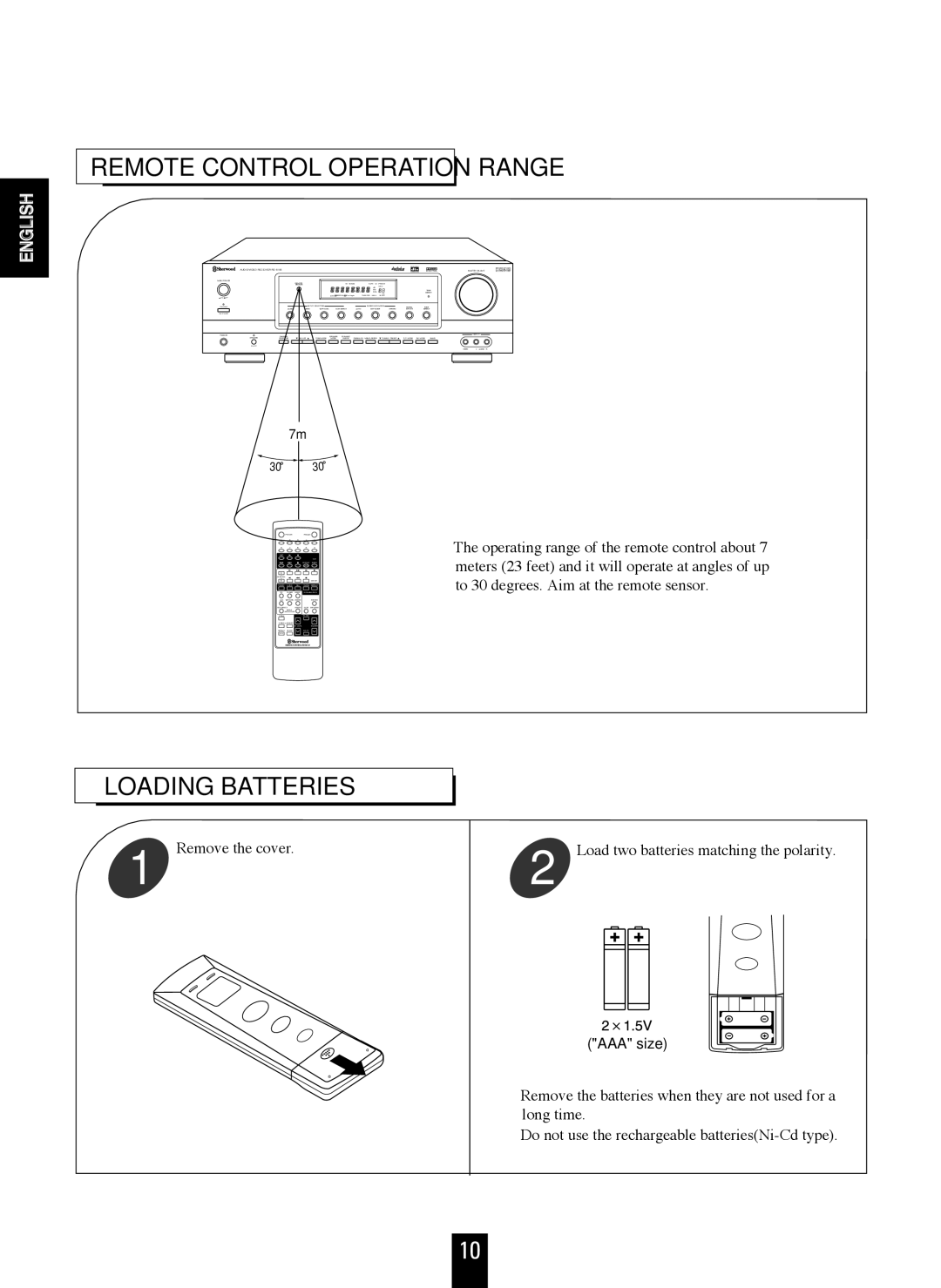 Sherwood RD-6106 manual Remote Control Operation Range, Loading Batteries 