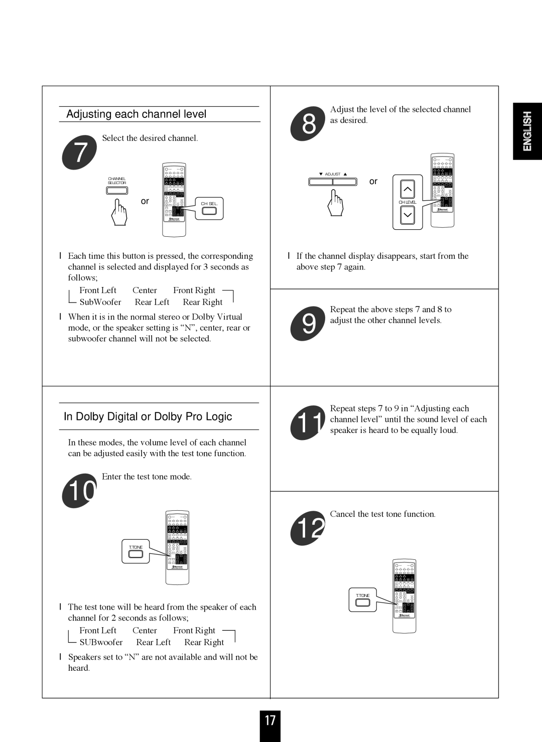 Sherwood RD-6106 manual Dolby Digital or Dolby Pro Logic, Adjusting each channel level 