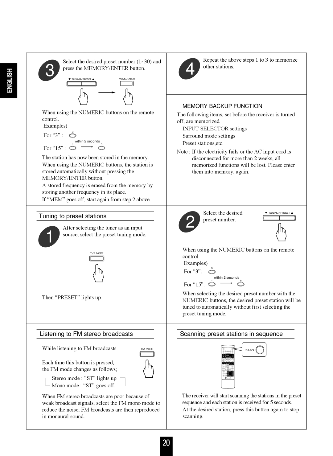 Sherwood RD-6106 manual Tuning to preset stations, Memory Backup Function 