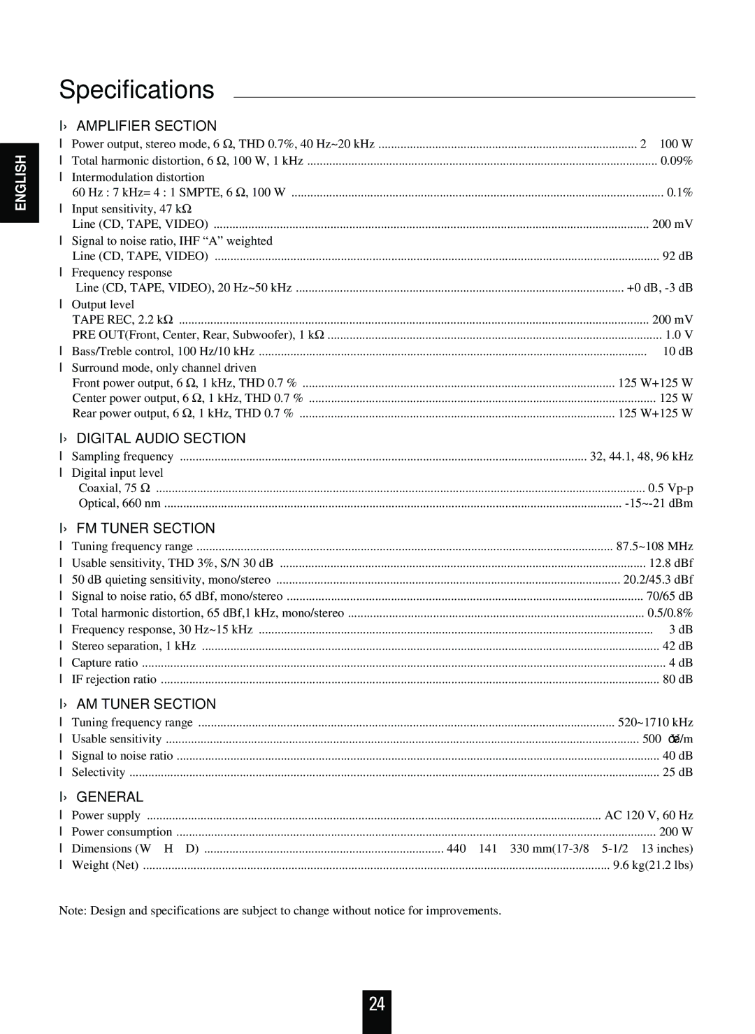 Sherwood RD-6108 manual Specifications, Amplifier Section 