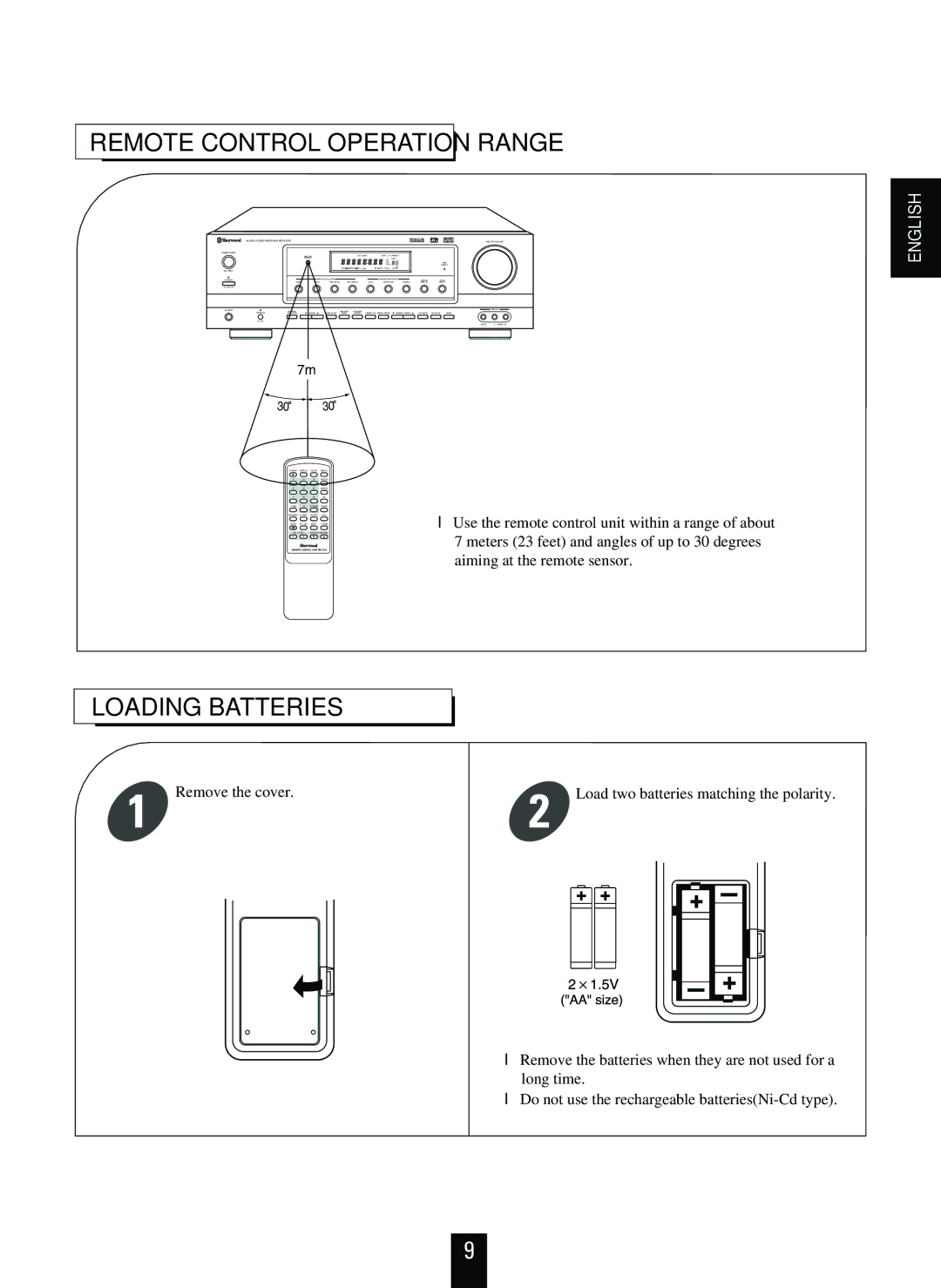 Sherwood RD-6108 manual Loading Batteries, Remote Control Operation Range 