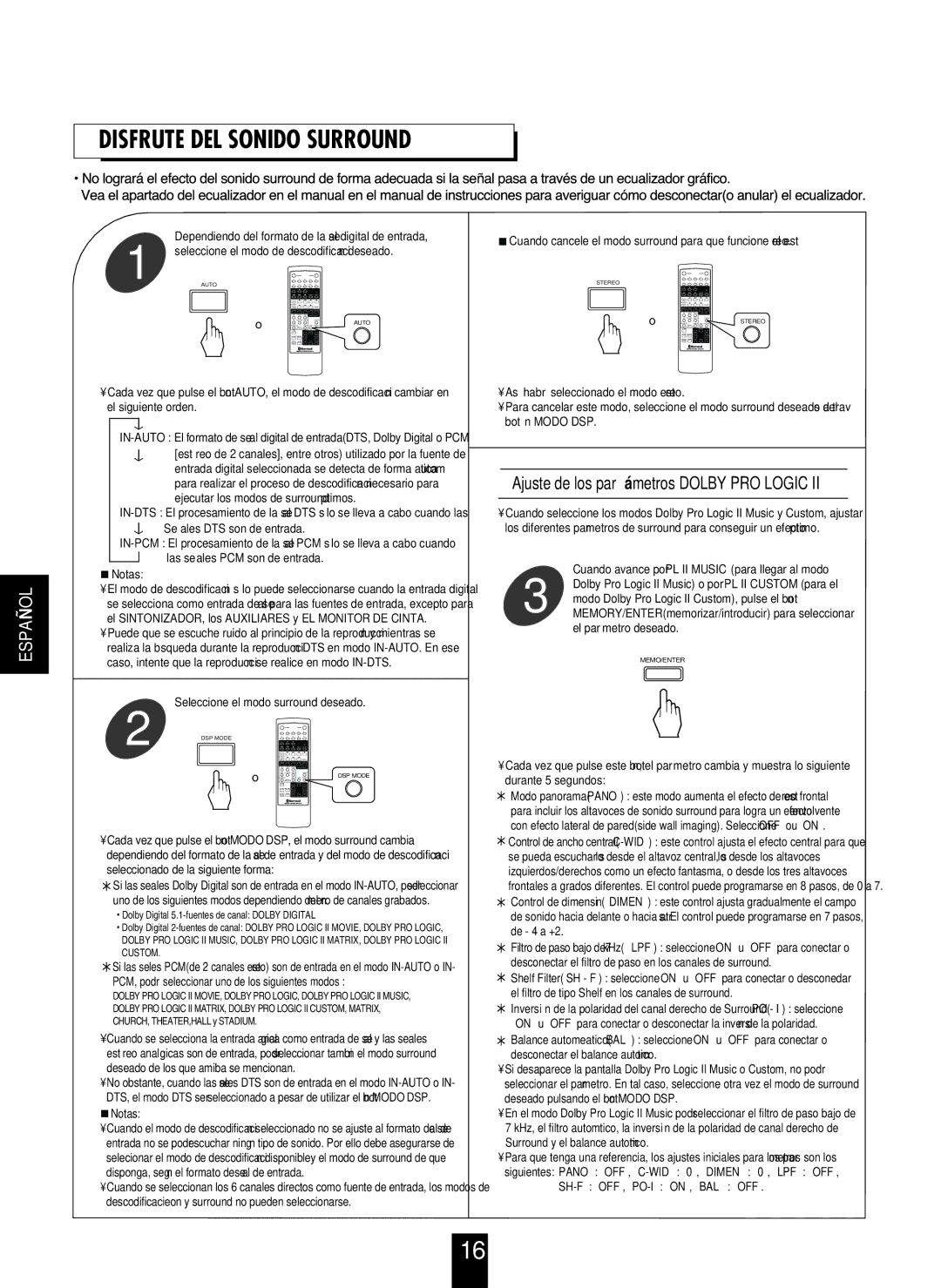 Sherwood RD-6105R, RD-6405R manual Disfrute DEL Sonido Surround, Ajuste de los parámetros Dolby PRO Logic 