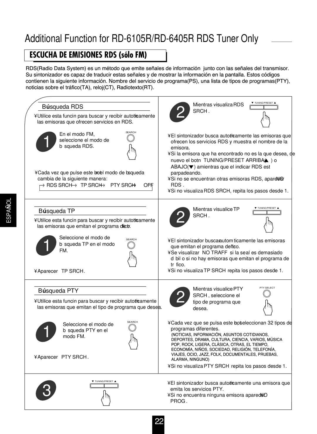 Sherwood RD-6405R, RD-6105R manual Búsqueda RDS, Búsqueda TP, Búsqueda PTY 