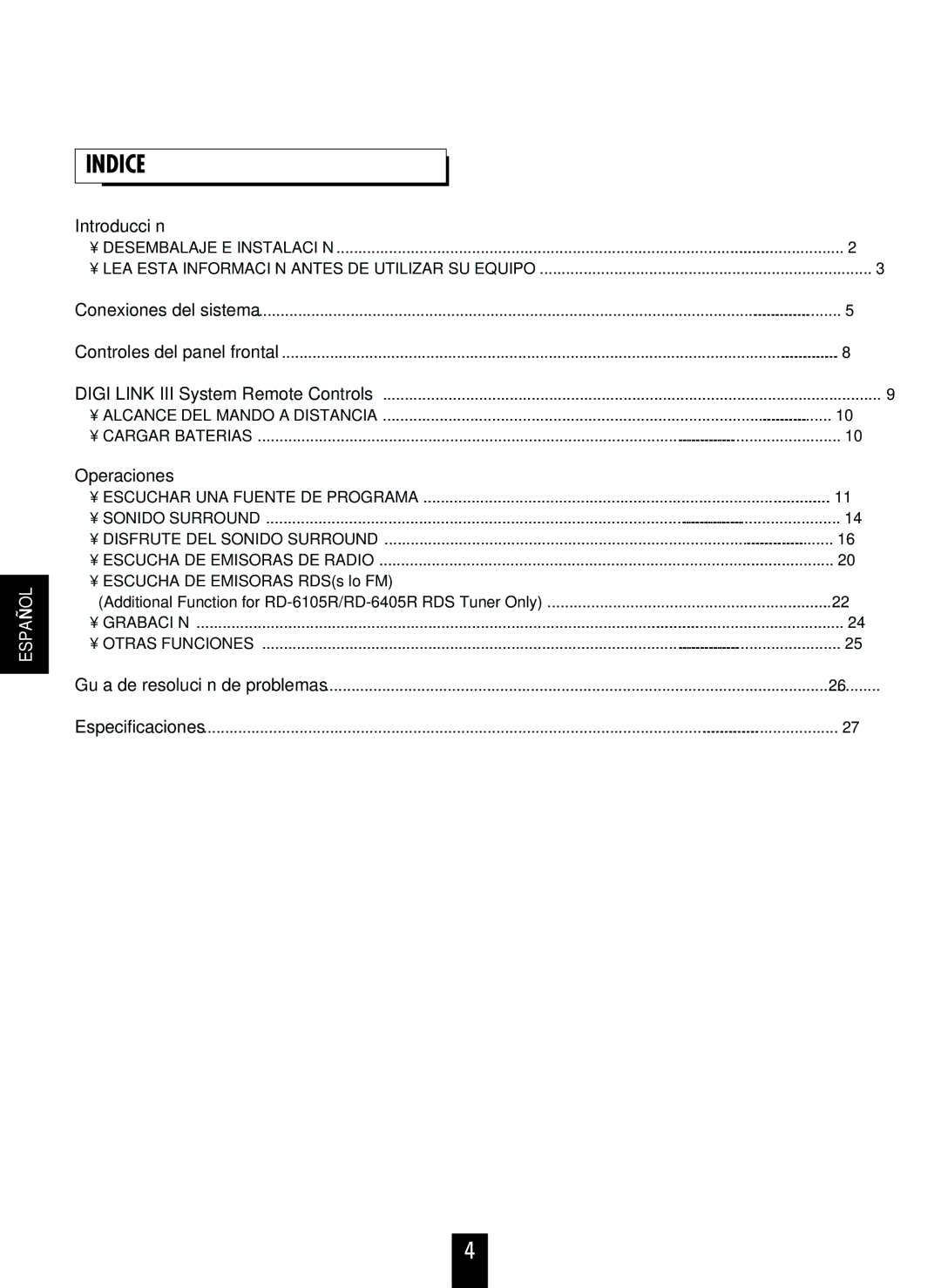 Sherwood RD-6105R, RD-6405R manual Indice, Introducción 