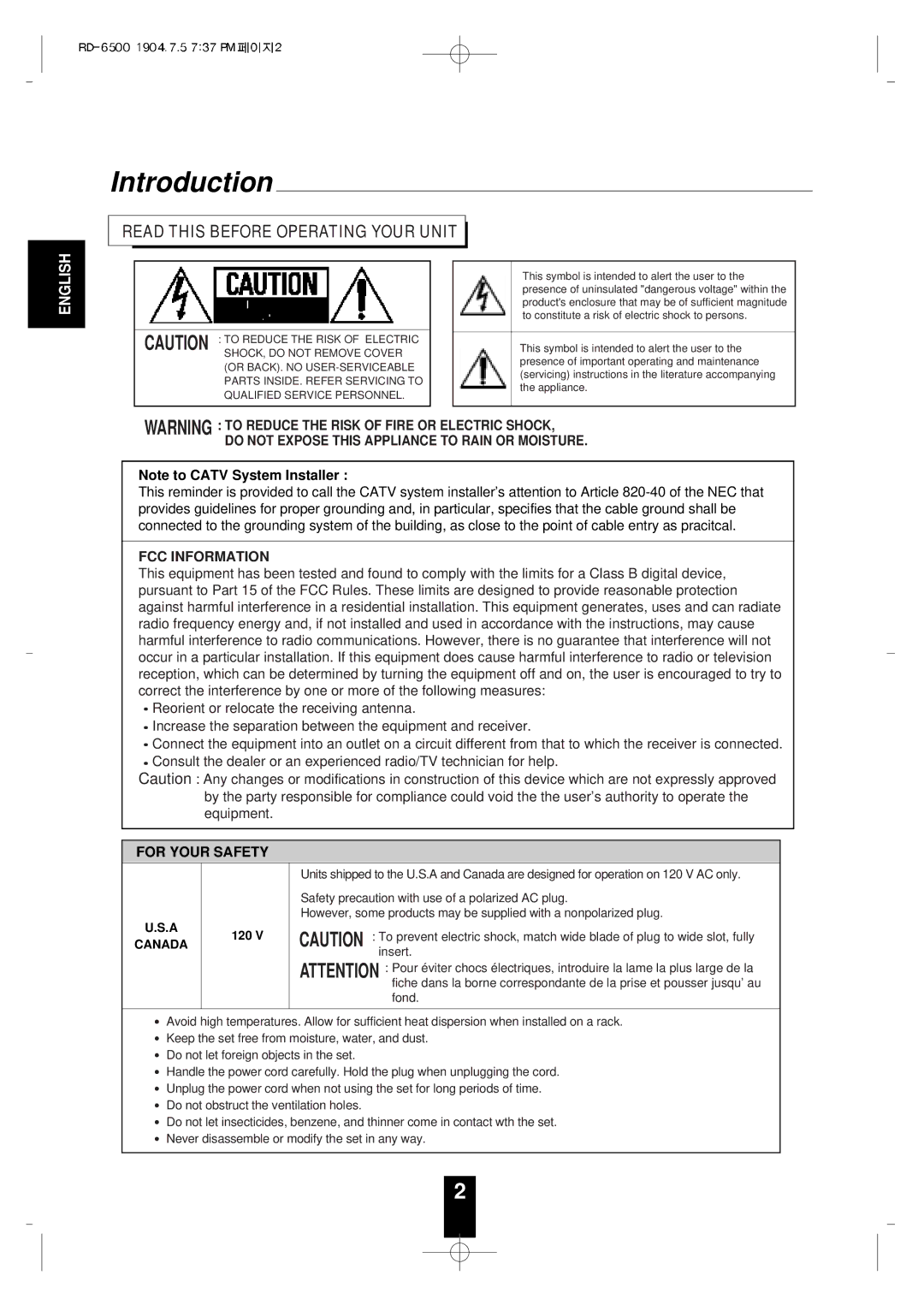 Sherwood RD-6500 manual Introduction, Read this Before Operating Your Unit 