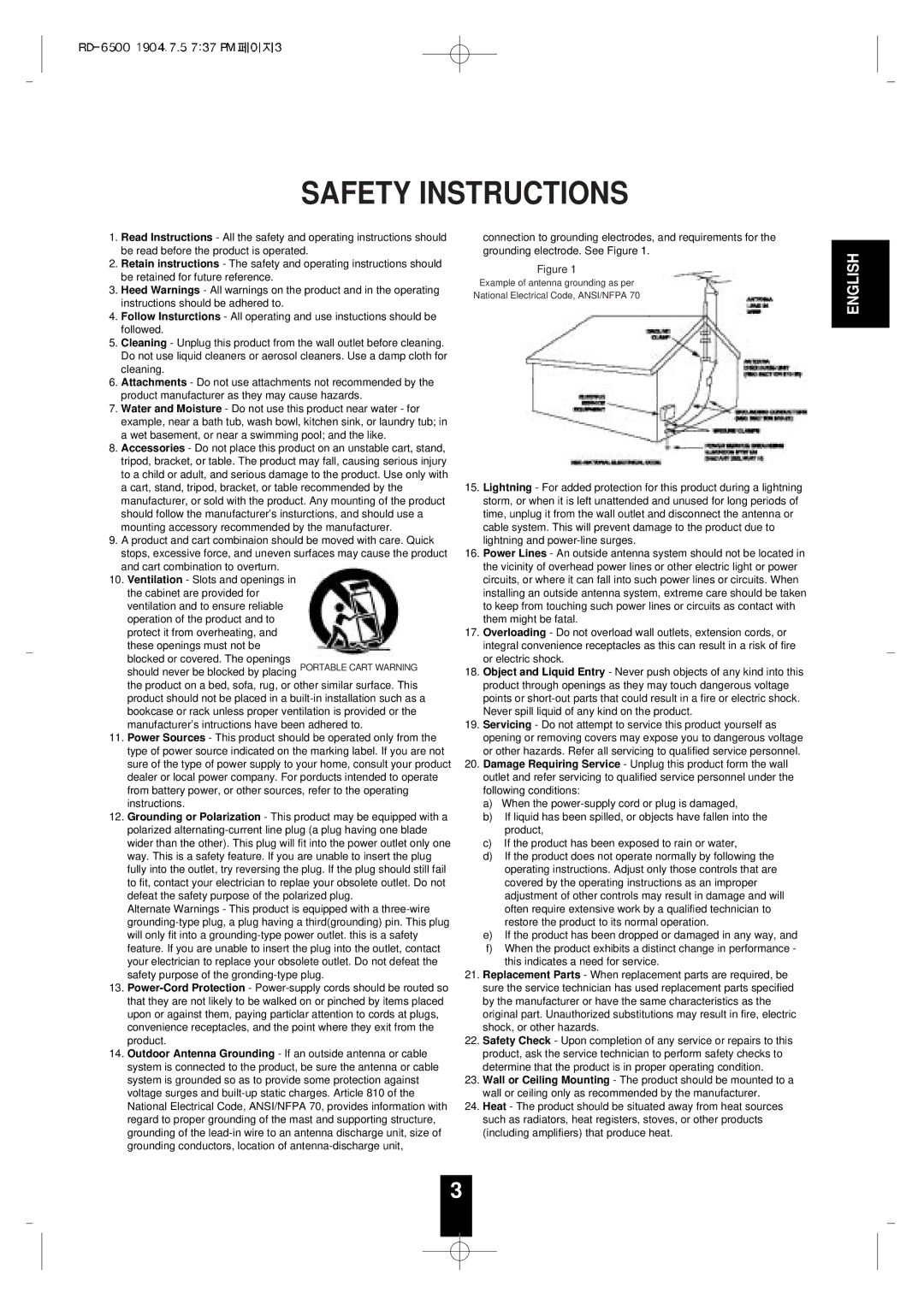 Sherwood RD-6500 manual Safety Instructions 