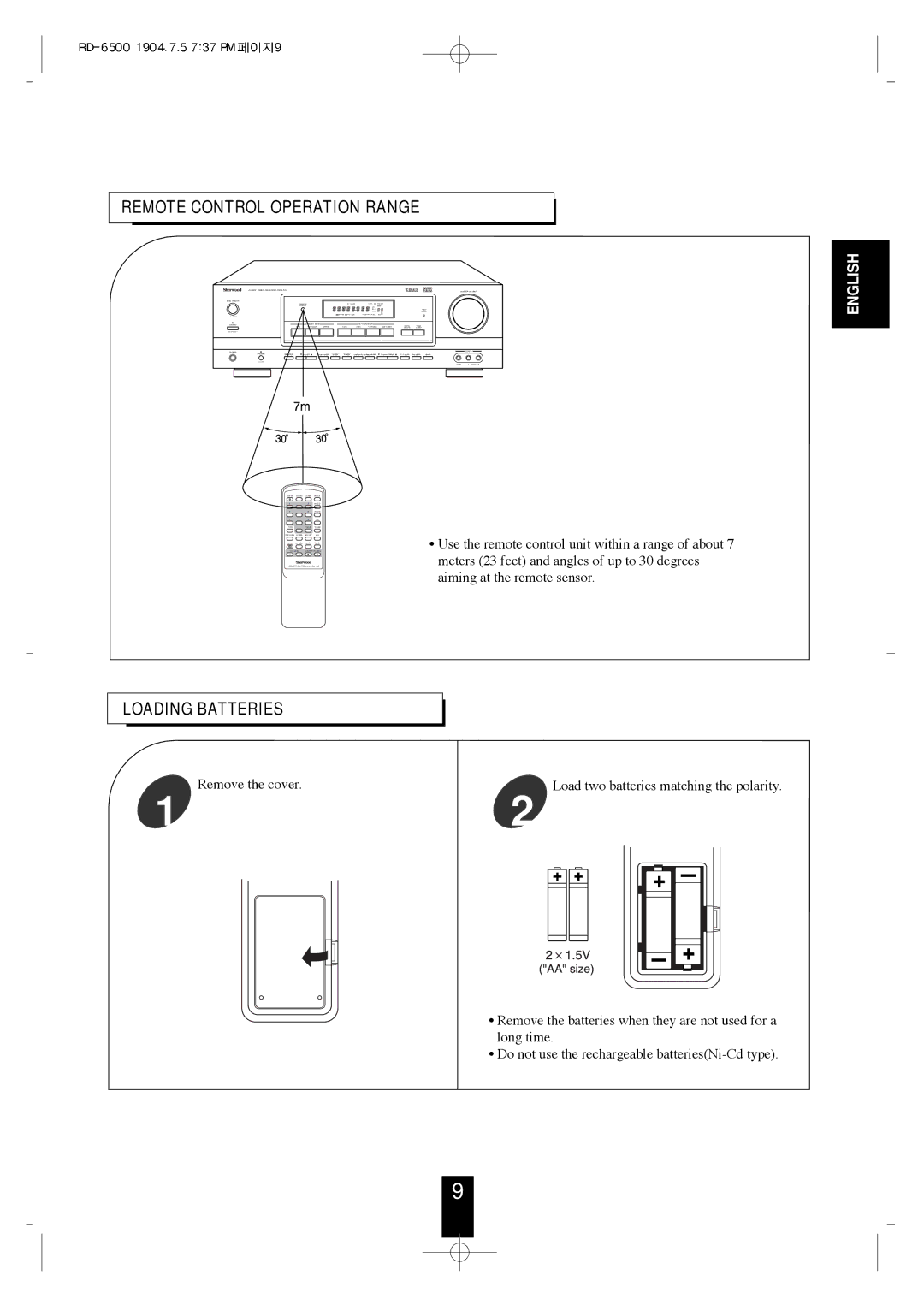 Sherwood RD-6500 manual Remote Control Operation Range, Loading Batteries 