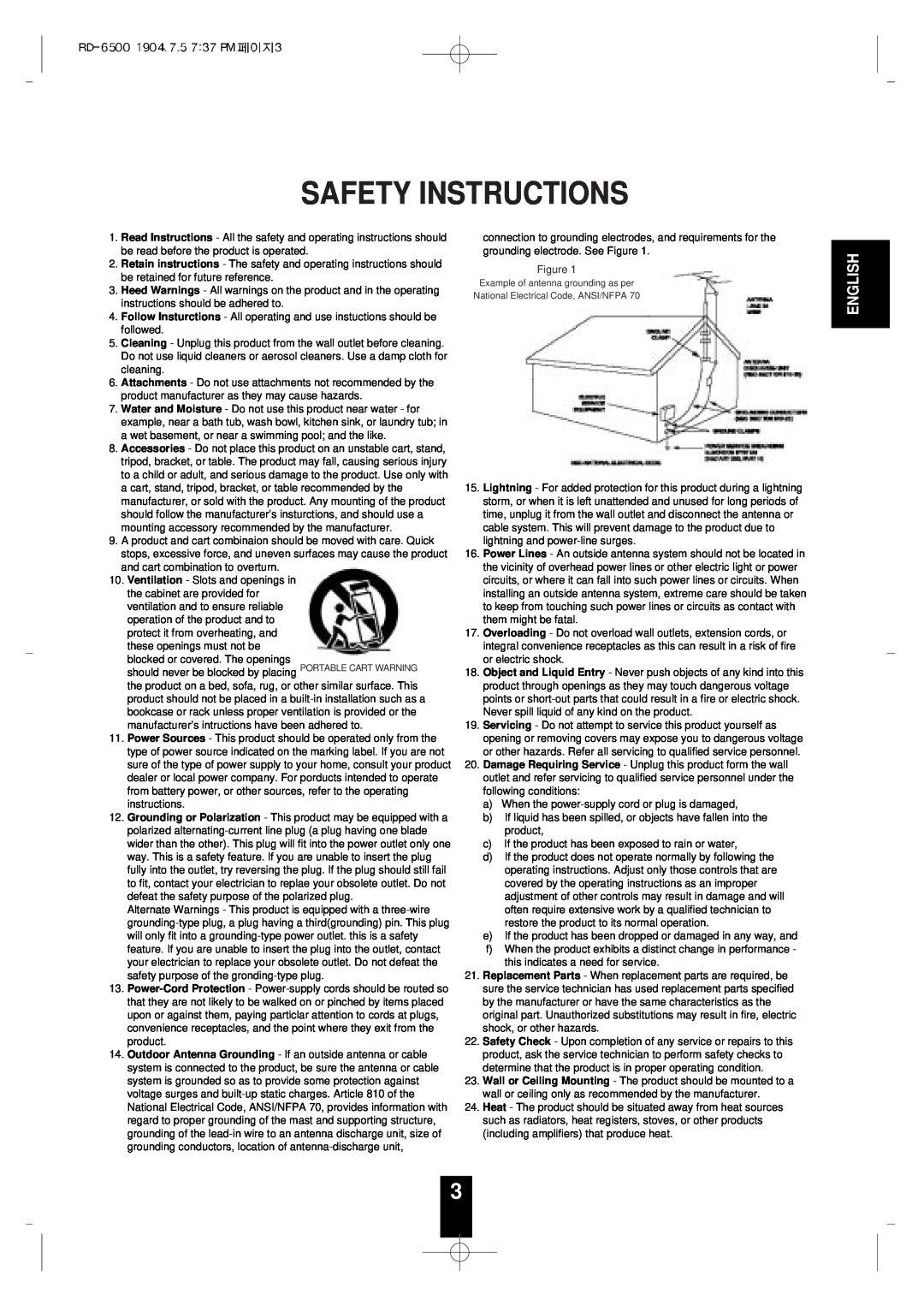 Sherwood RD-6500 manual Safety Instructions, English 