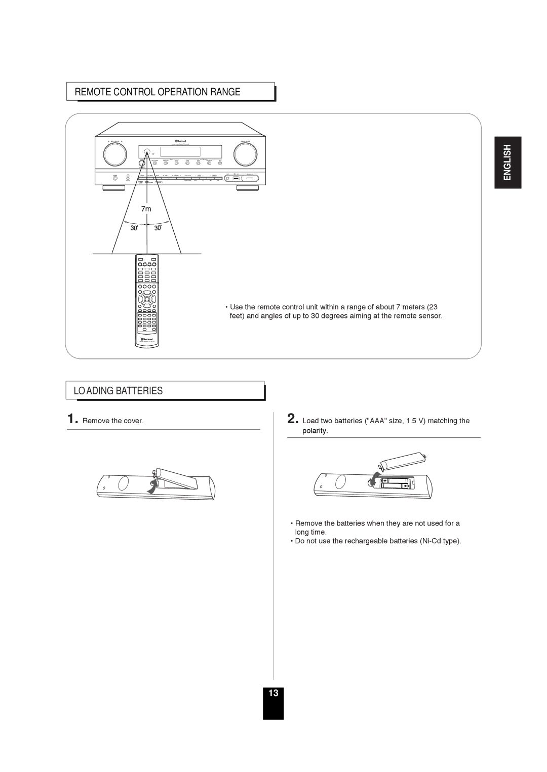 Sherwood RD-6503 manual Remote Control Operation Range, Loading Batteries 