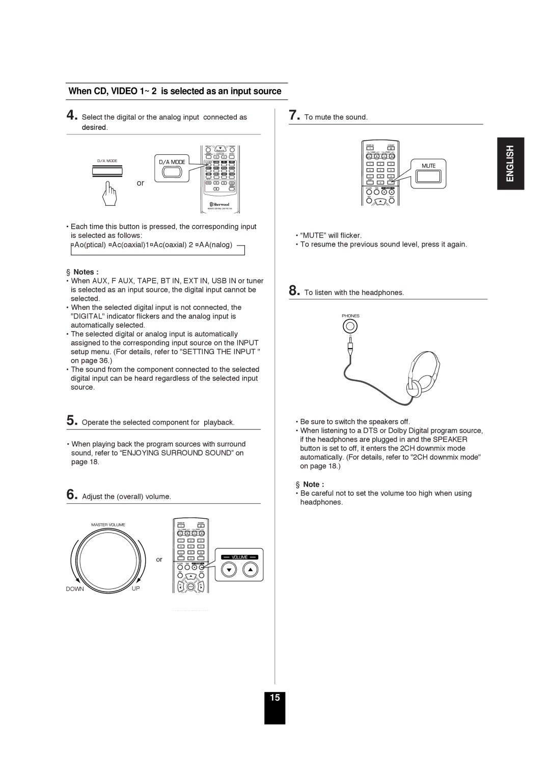 Sherwood RD-6503 manual When CD, Video 1~ 2 is selected as an input source 