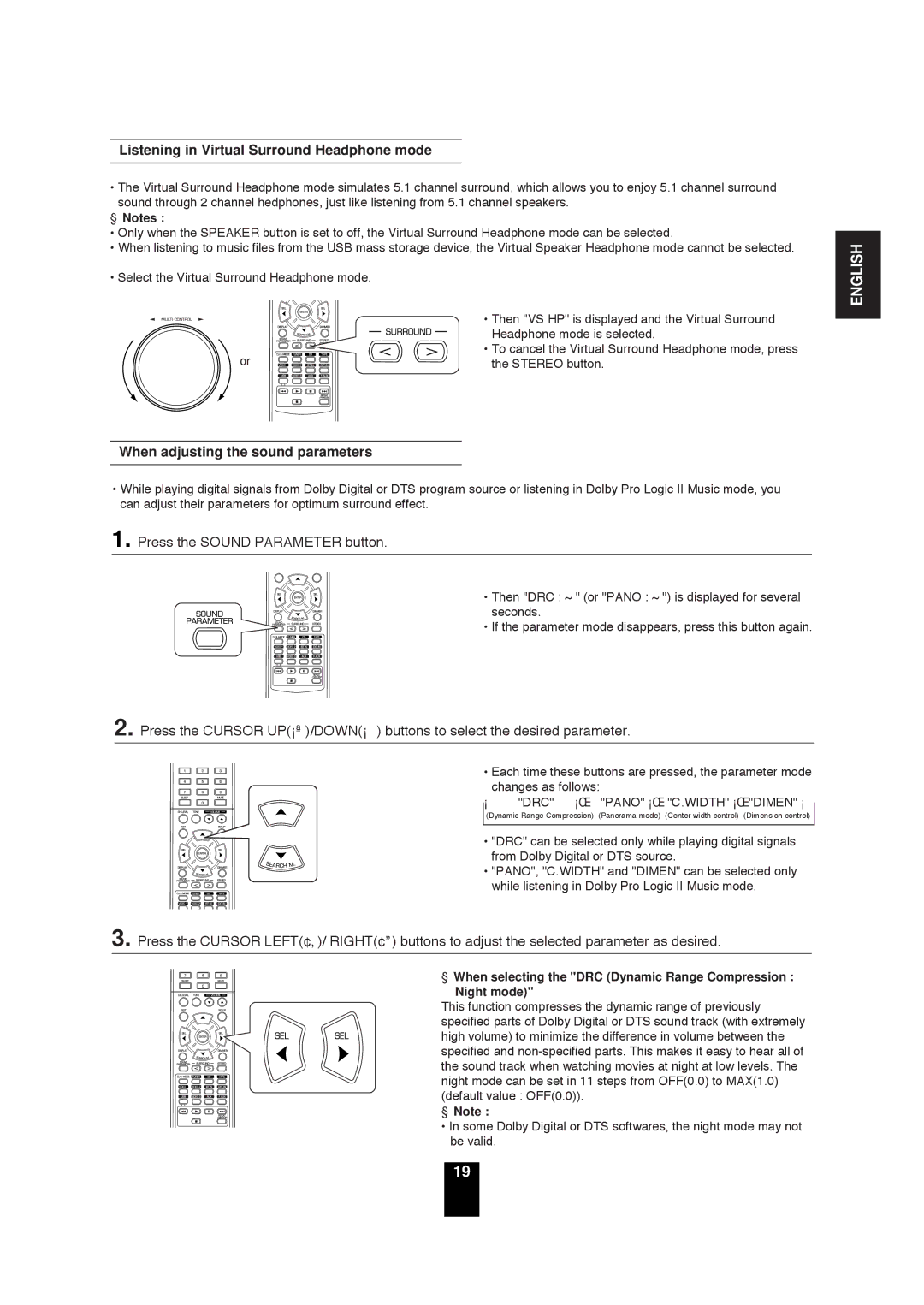 Sherwood RD-6503 manual Listening in Virtual Surround Headphone mode, When adjusting the sound parameters 