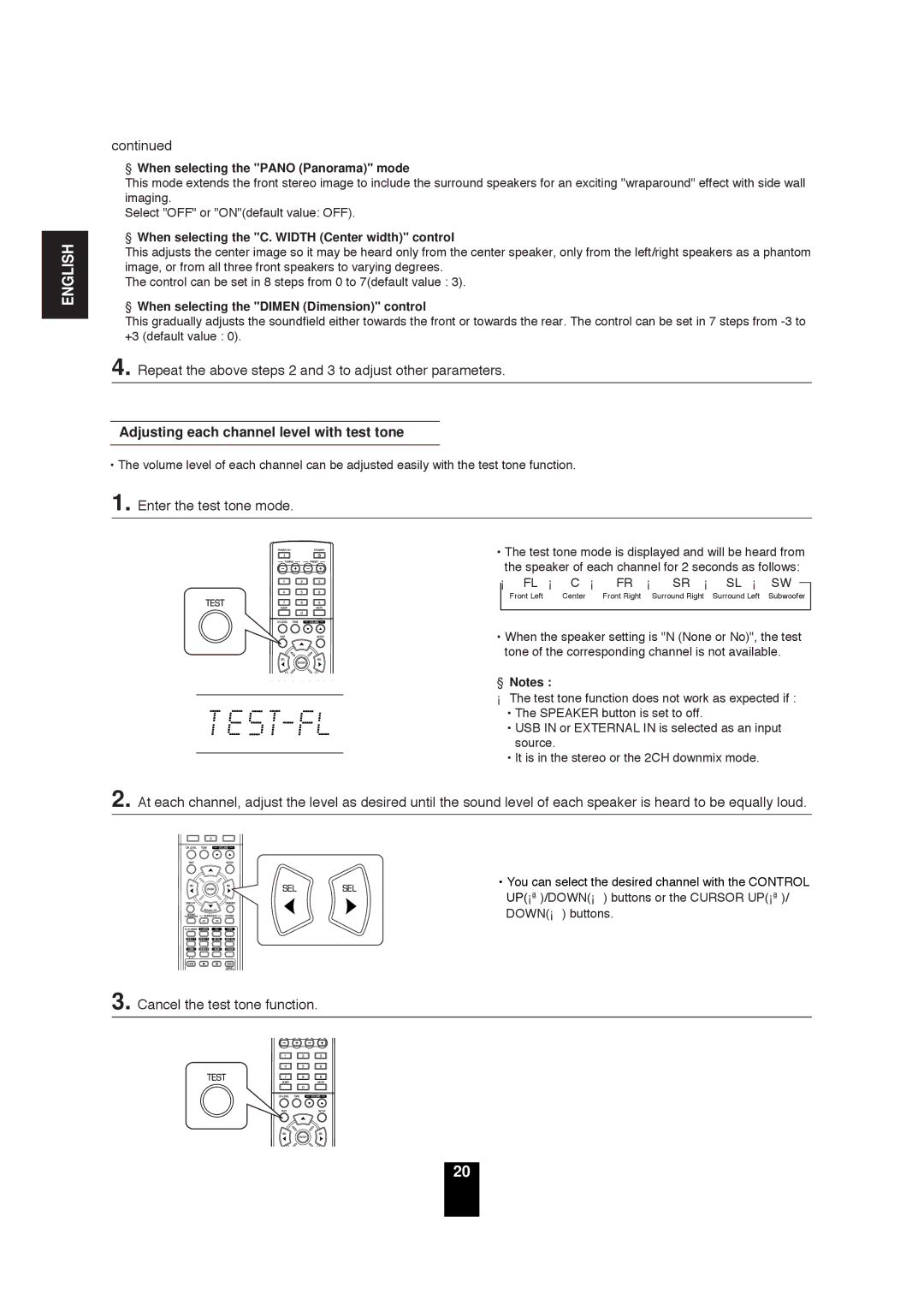 Sherwood RD-6503 Repeat the above steps 2 and 3 to adjust other parameters, Adjusting each channel level with test tone 