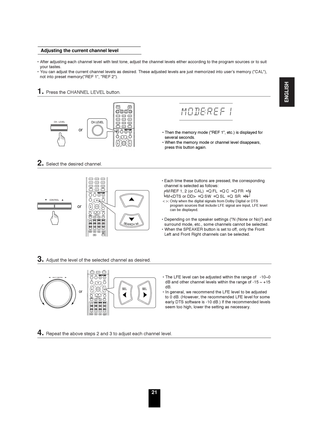 Sherwood RD-6503 manual Adjusting the current channel level, Press the Channel Level button, Select the desired channel 