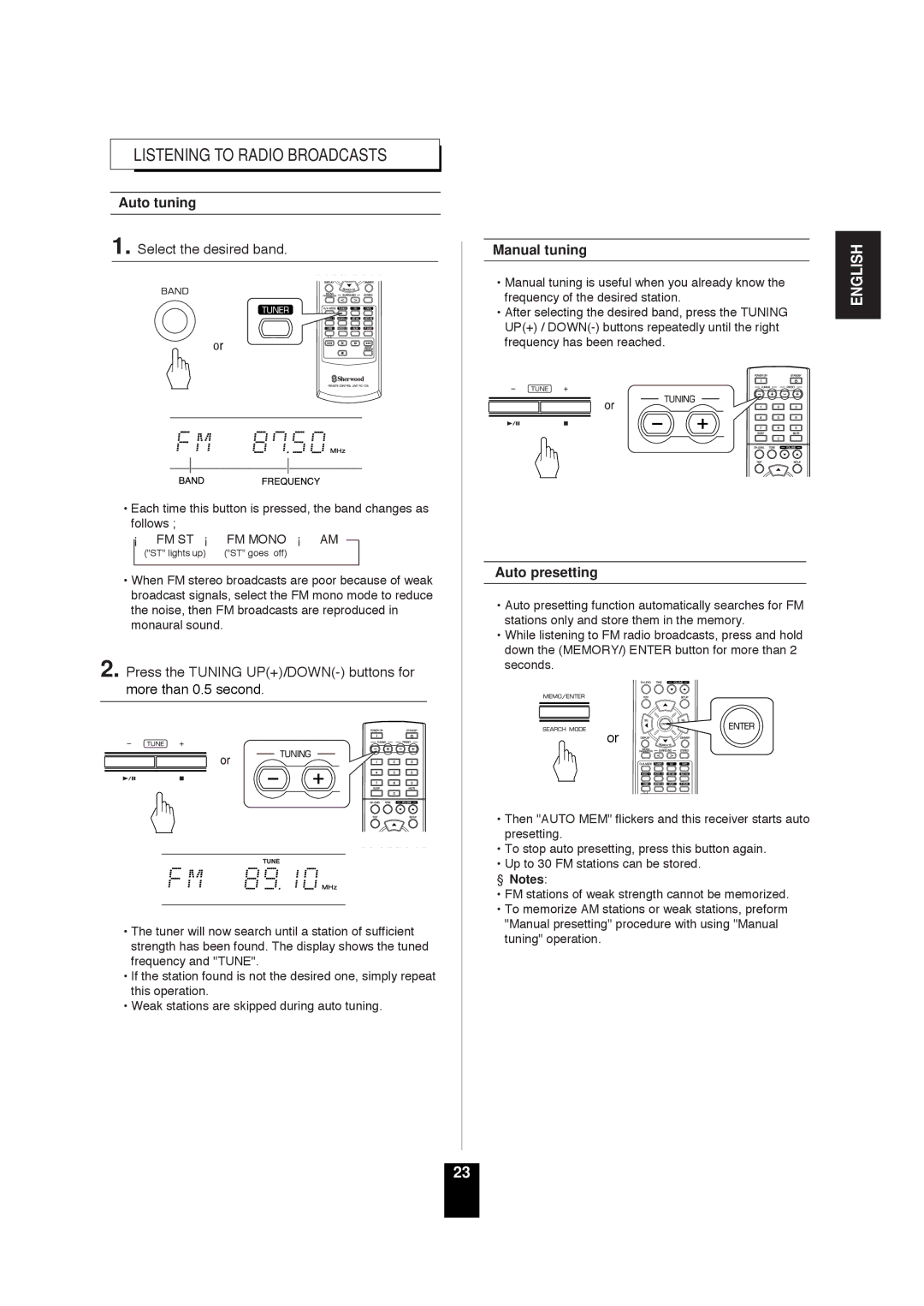 Sherwood RD-6503 manual Listening to Radio Broadcasts, Auto tuning, Manual tuning, Auto presetting 