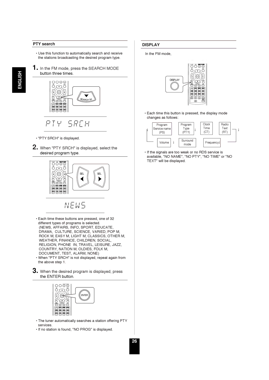 Sherwood RD-6503 manual PTY search, FM mode, press the Search Mode button three times 