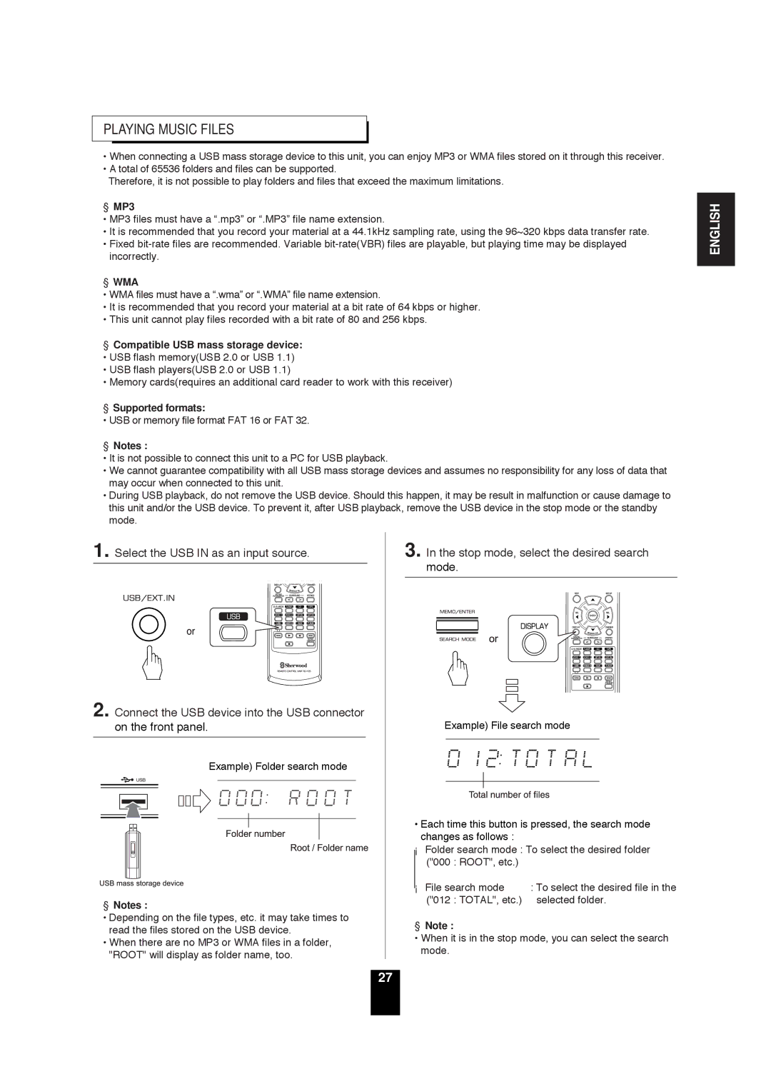 Sherwood RD-6503 Playing Music Files, Stop mode, select the desired search mode, MP3, Compatible USB mass storage device 