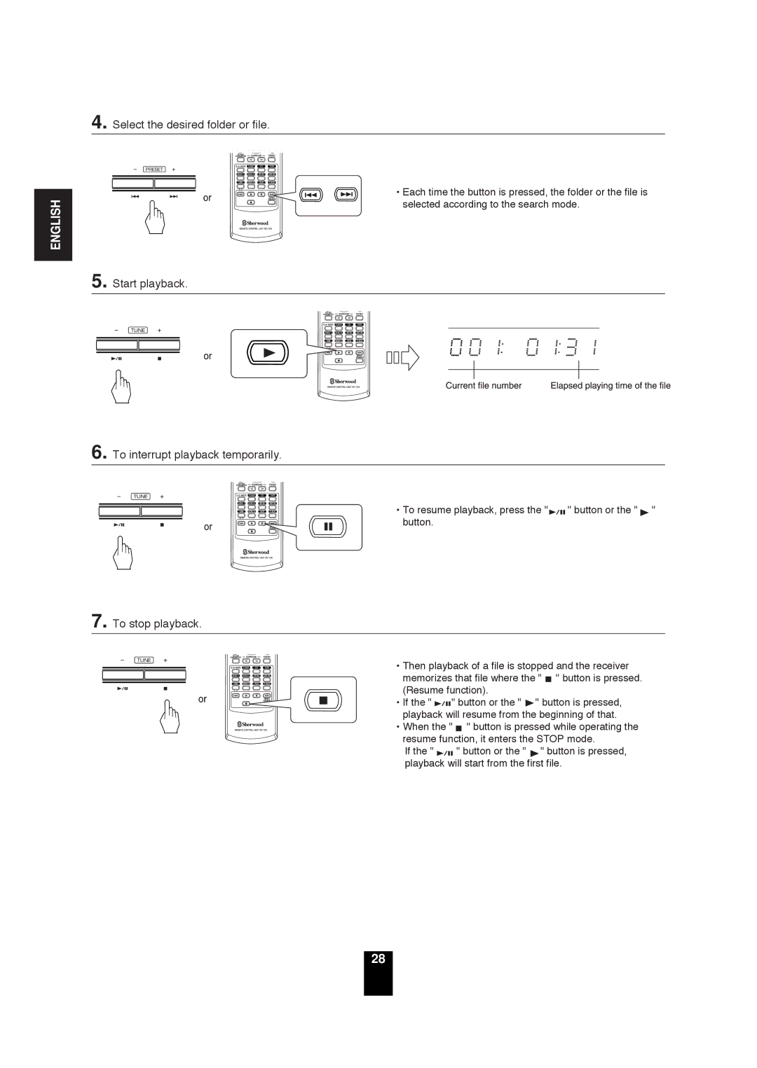 Sherwood RD-6503 Select the desired folder or file, Start playback To interrupt playback temporarily, To stop playback 