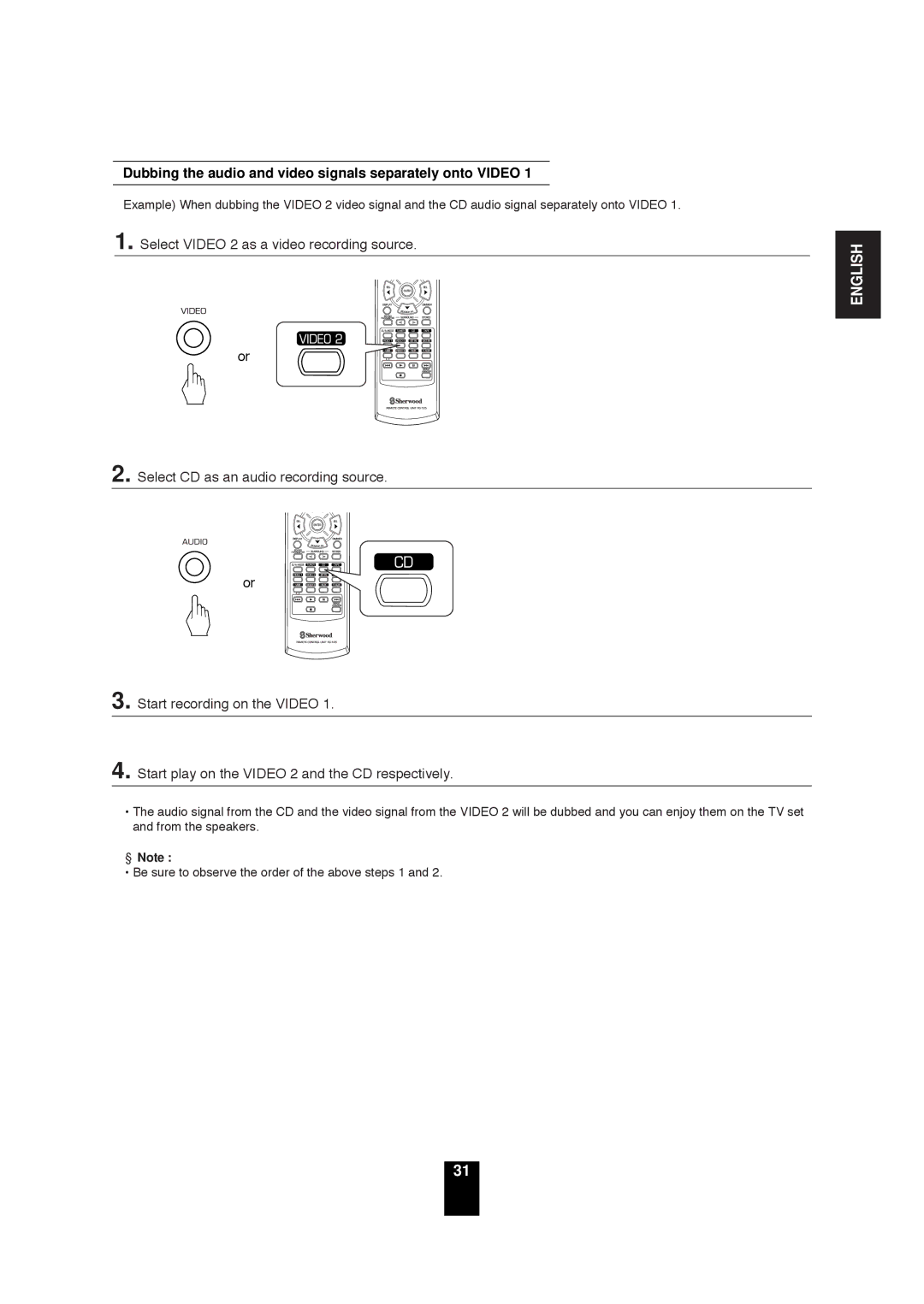 Sherwood RD-6503 manual Dubbing the audio and video signals separately onto Video 