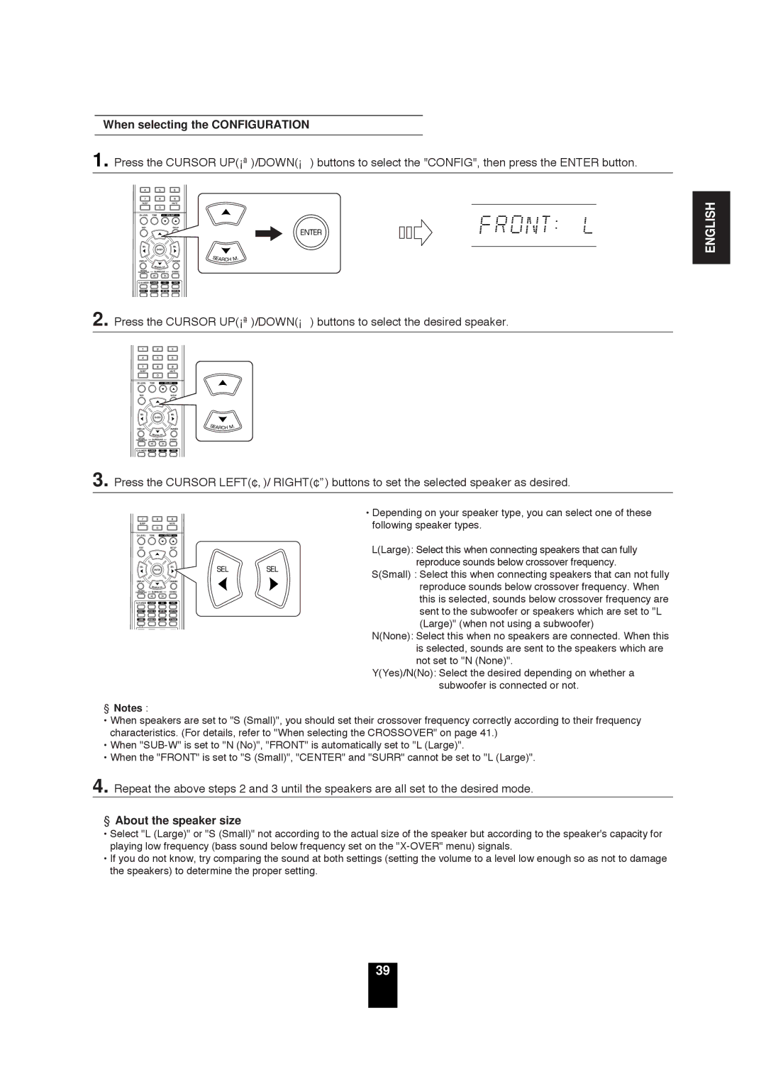 Sherwood RD-6503 manual When selecting the Configuration, About the speaker size 