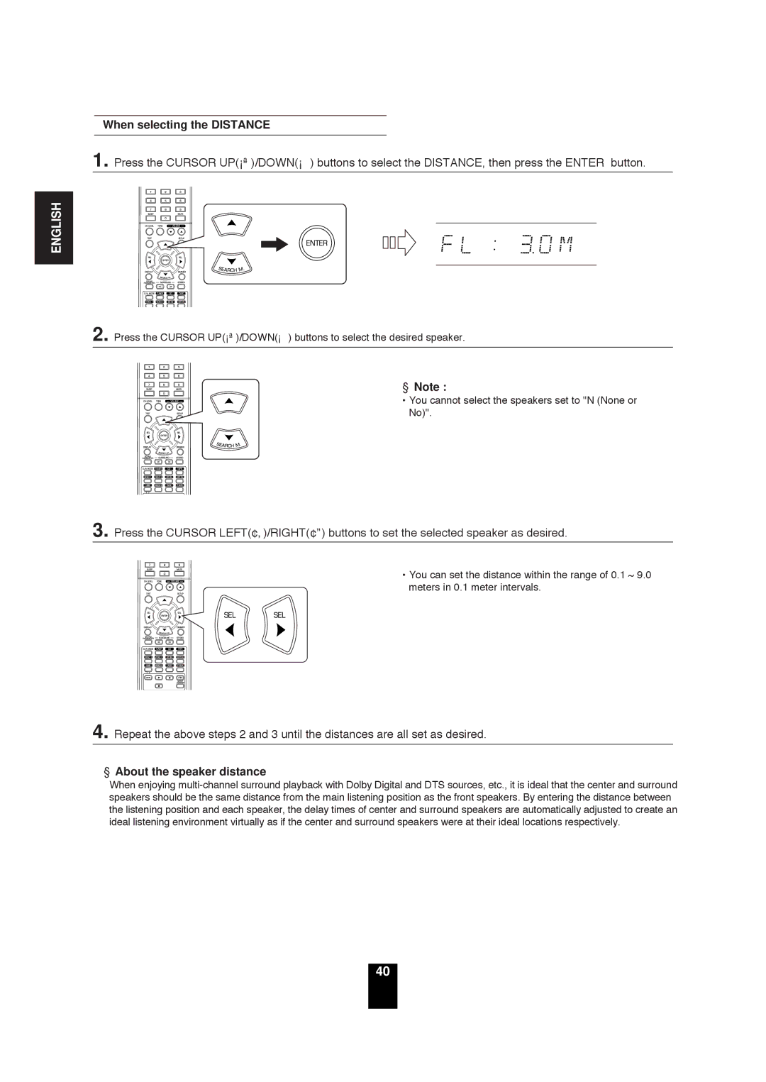 Sherwood RD-6503 manual When selecting the Distance, About the speaker distance 