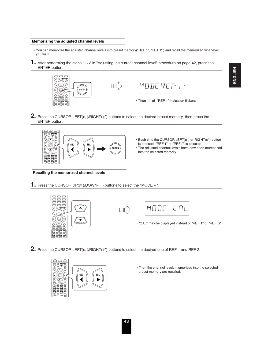 Sherwood RD-6503 manual Memorizing the adjusted channel levels, Press the Cursor UP/DOWN buttons to select the Mode ~ 