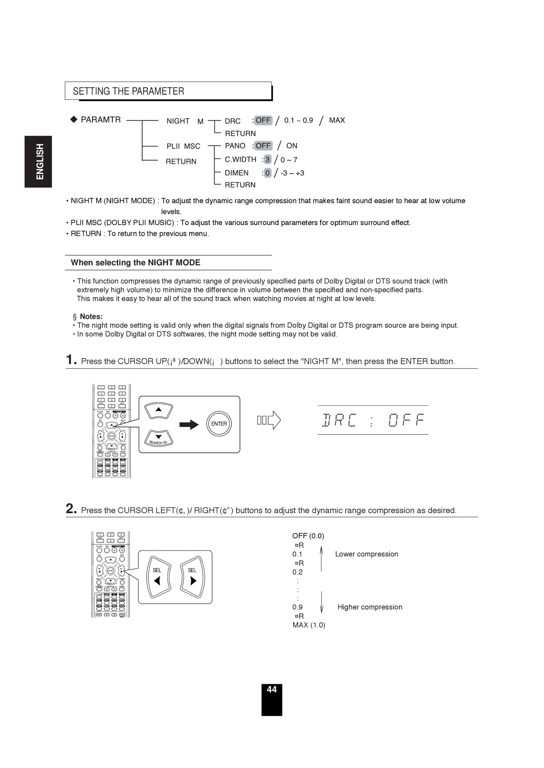 Sherwood RD-6503 manual Setting the Parameter, When selecting the Night Mode 