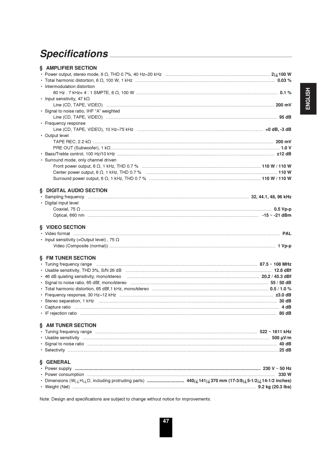 Sherwood RD-6503 manual Specifications 