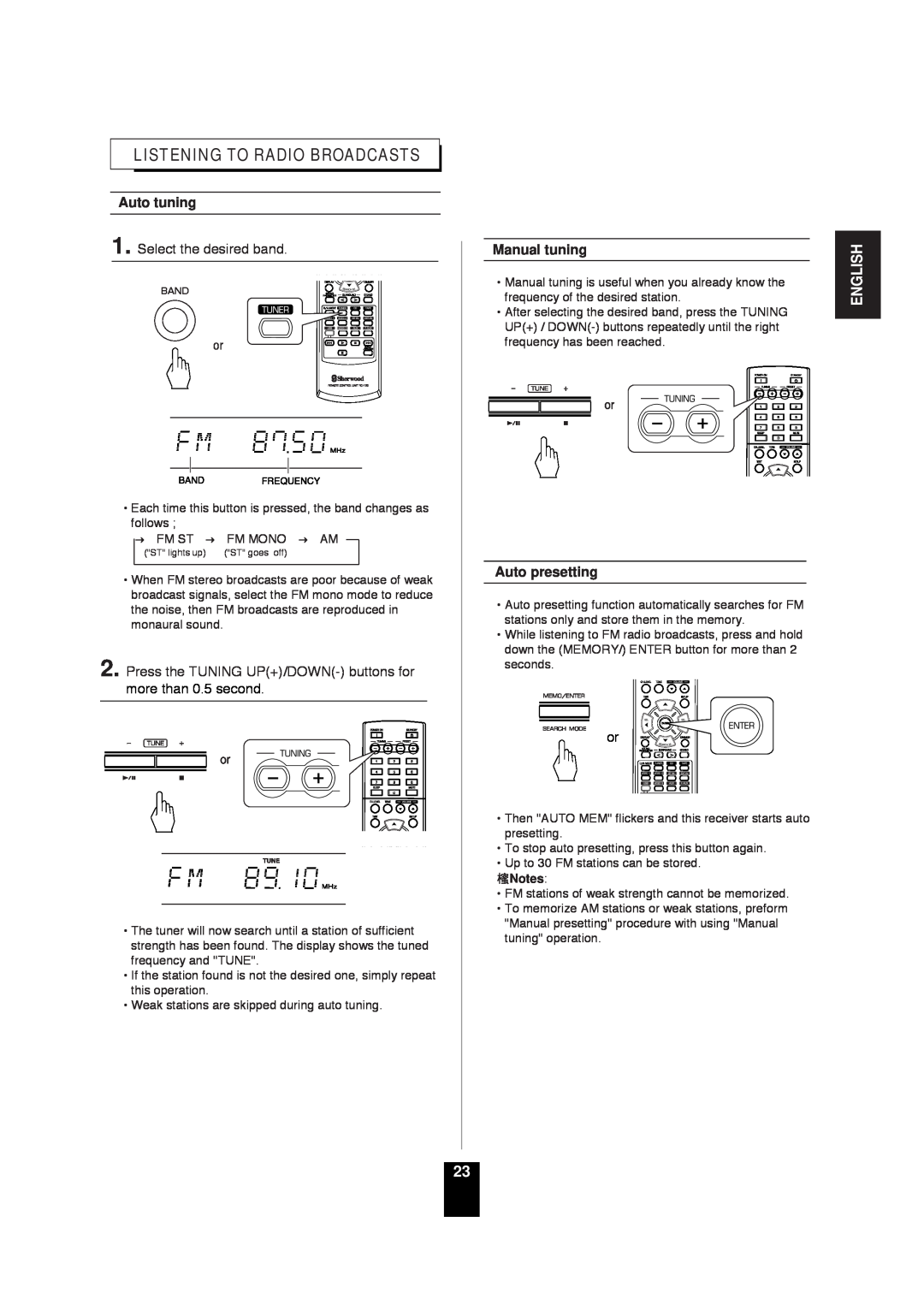 Sherwood RD-6503 manual Listening To Radio Broadcasts, Auto tuning, Manual tuning, Auto presetting, English 