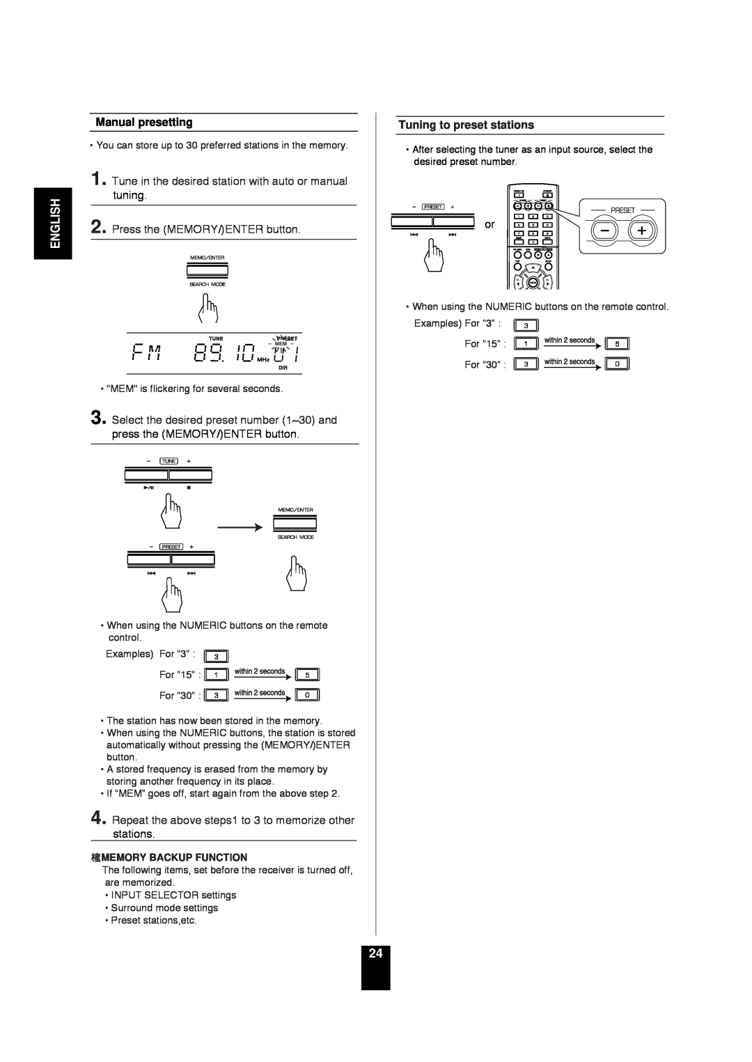 Sherwood RD-6503 manual Manual presetting, Tuning to preset stations, English 