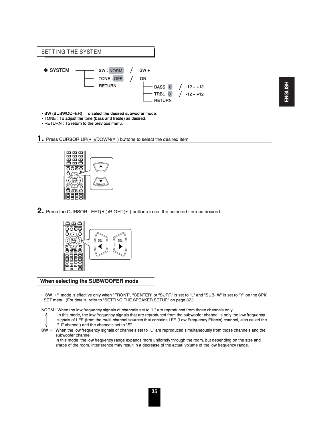 Sherwood RD-6503 manual Setting The System, When selecting the SUBWOOFER mode, English 