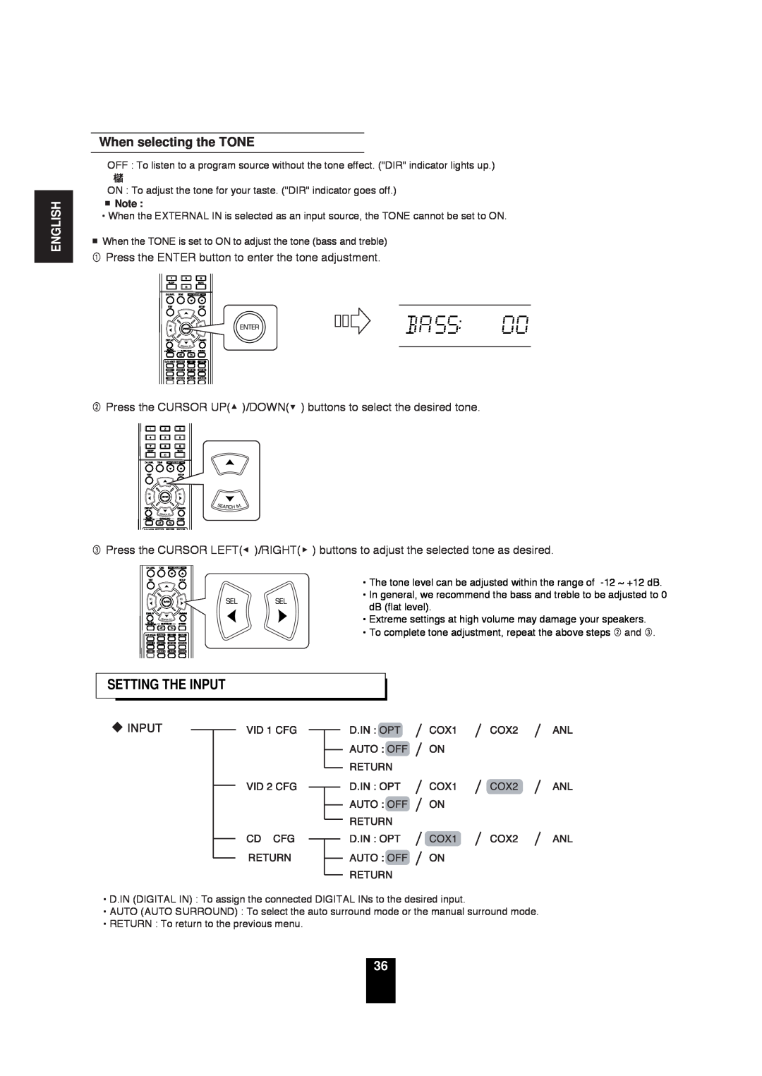 Sherwood RD-6503 manual When selecting the TONE, Setting The Input, English 