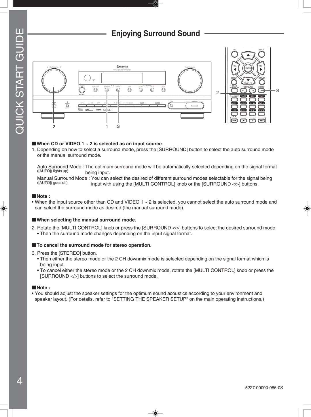 Sherwood 5227-00000-086-0S, RD-6504(AG) Enjoying Surround Sound, When CD or Video 1 ~ 2 is selected as an input source 