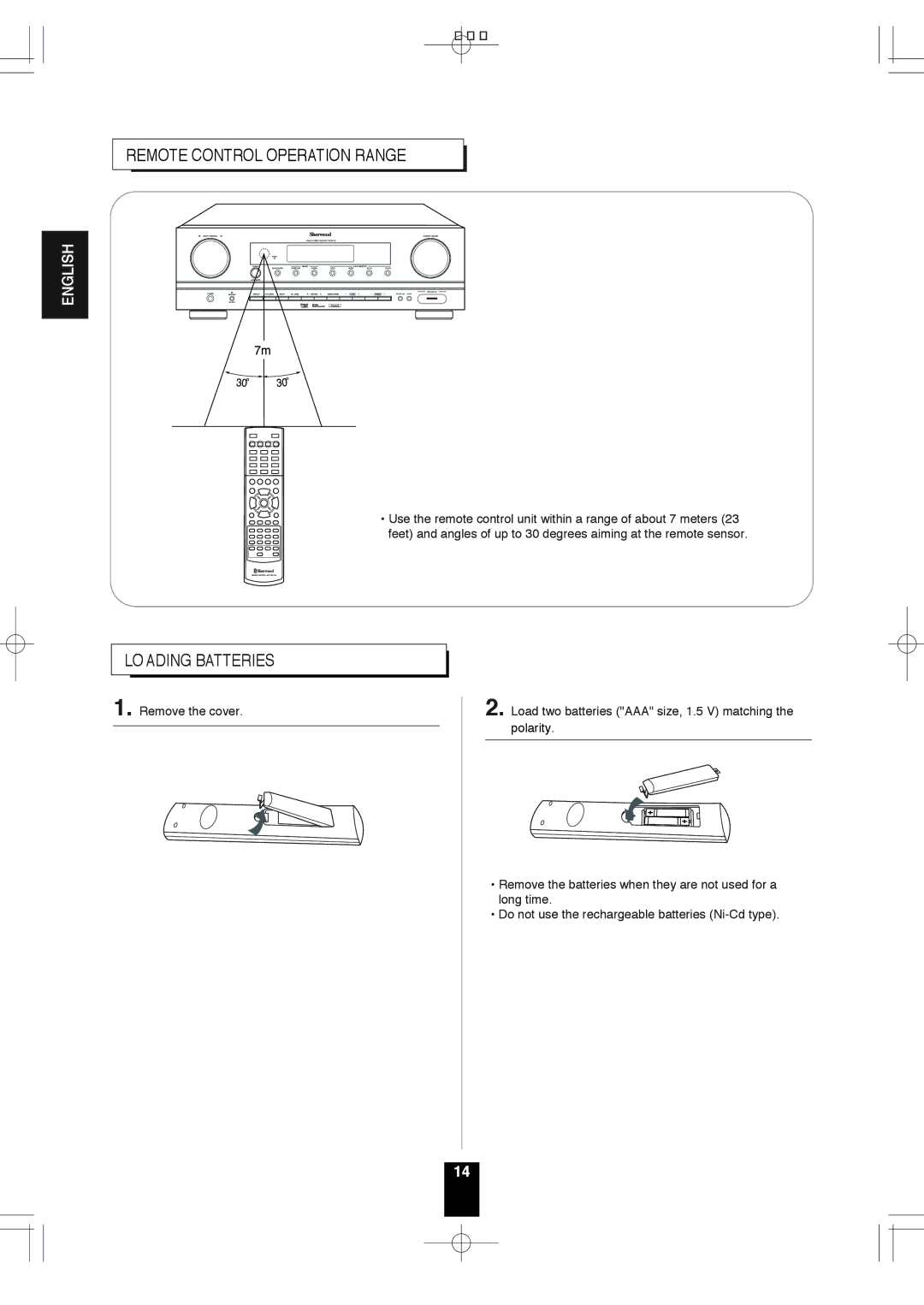 Sherwood RD-6513 manual Remote Control Operation Range, Loading Batteries 