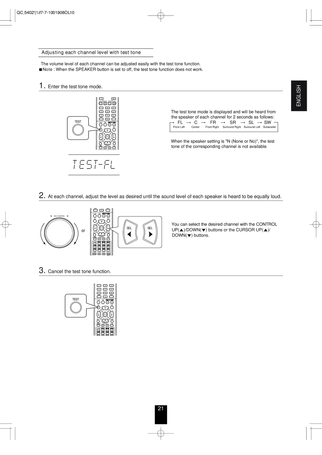 Sherwood RD-6513 Adjusting each channel level with test tone, Enter the test tone mode, Cancel the test tone function 