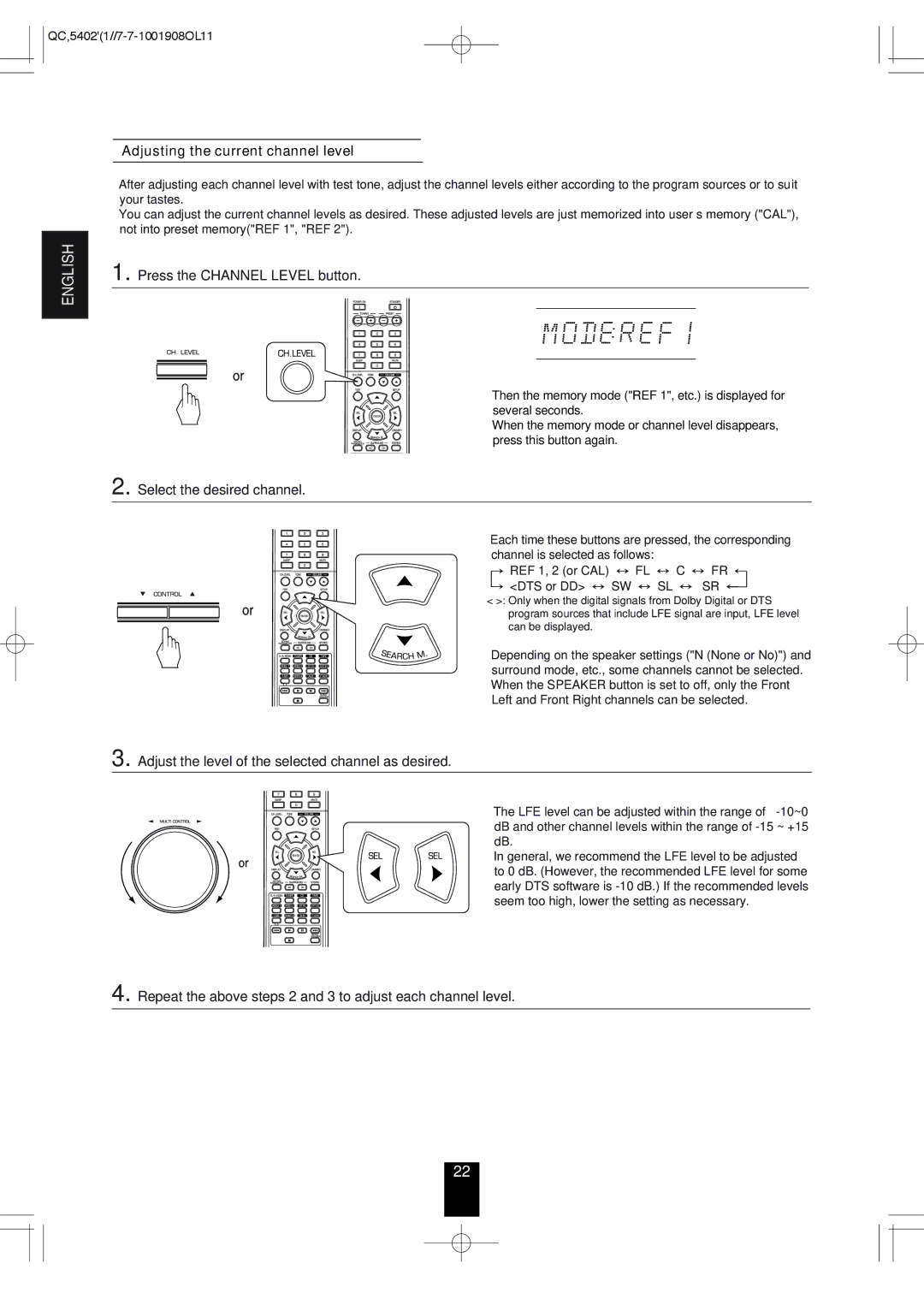 Sherwood RD-6513 manual Adjusting the current channel level, Press the Channel Level button, Select the desired channel 