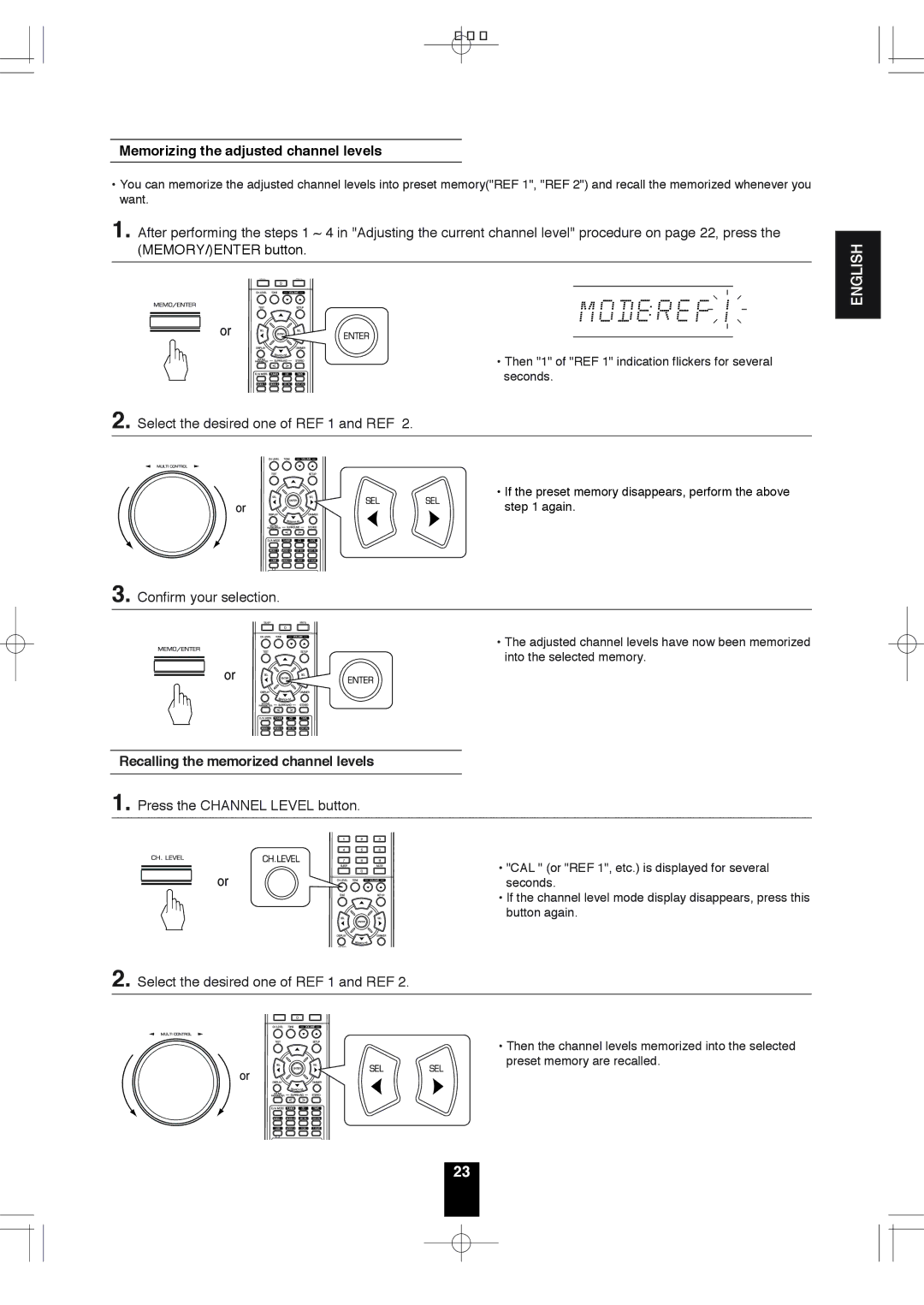 Sherwood RD-6513 Memorizing the adjusted channel levels, Select the desired one of REF 1 and REF, Confirm your selection 