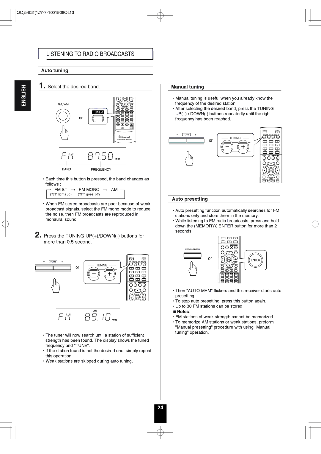 Sherwood RD-6513 manual Listening to Radio Broadcasts, Auto tuning, Select the desired band, Manual tuning, Auto presetting 