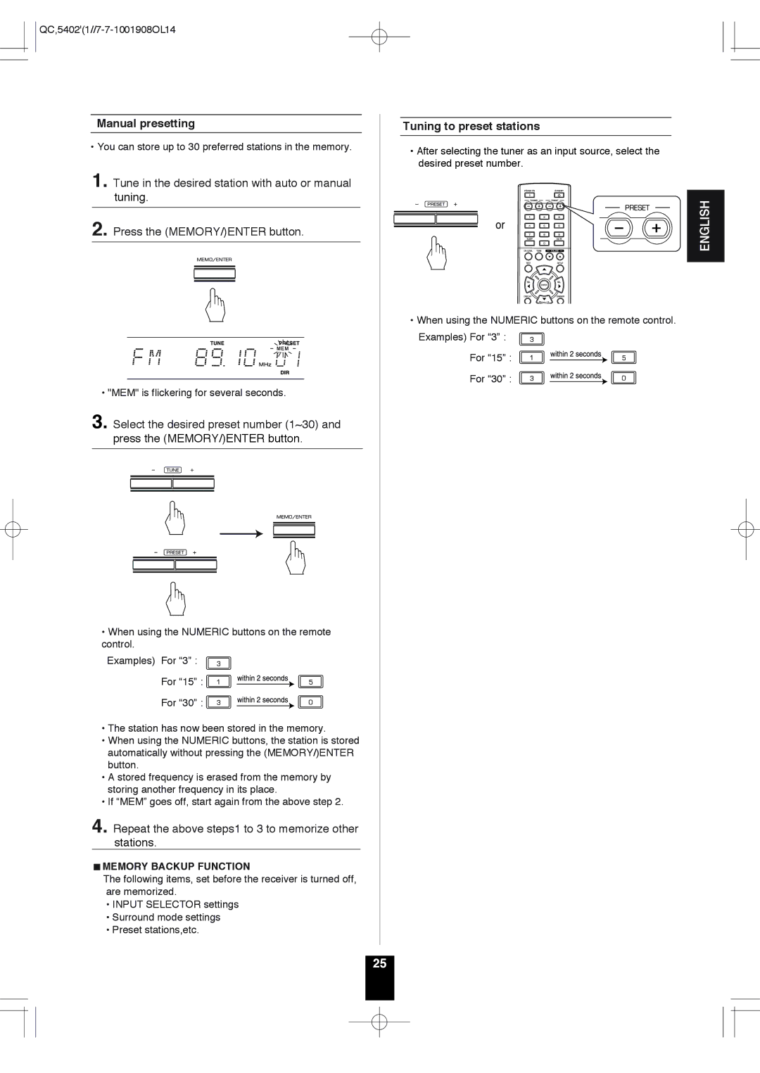 Sherwood RD-6513 Manual presetting, Repeat the above steps1 to 3 to memorize other stations, Tuning to preset stations 