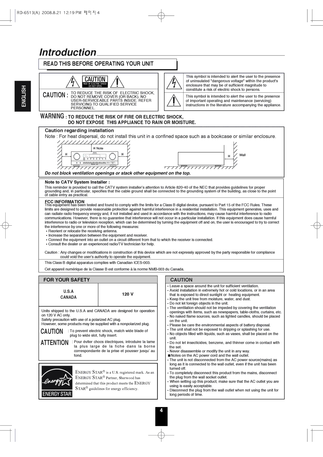 Sherwood RD-6513 manual Introduction, 120 