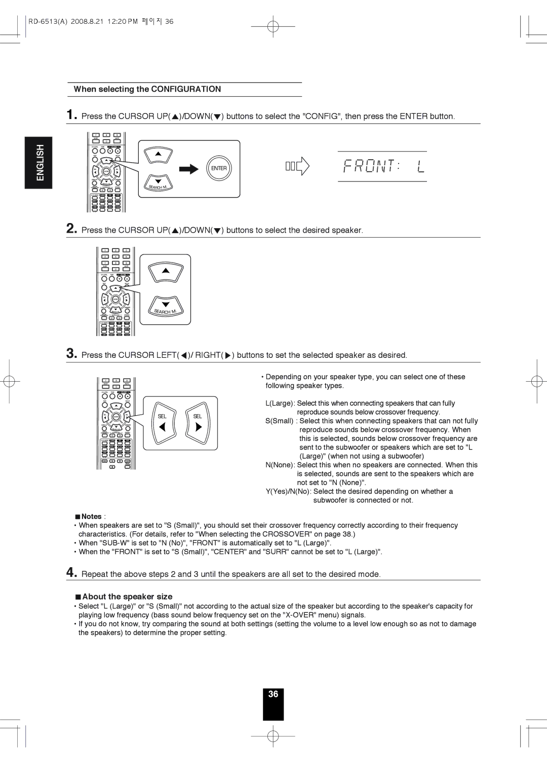 Sherwood RD-6513 manual When selecting the Configuration, About the speaker size 