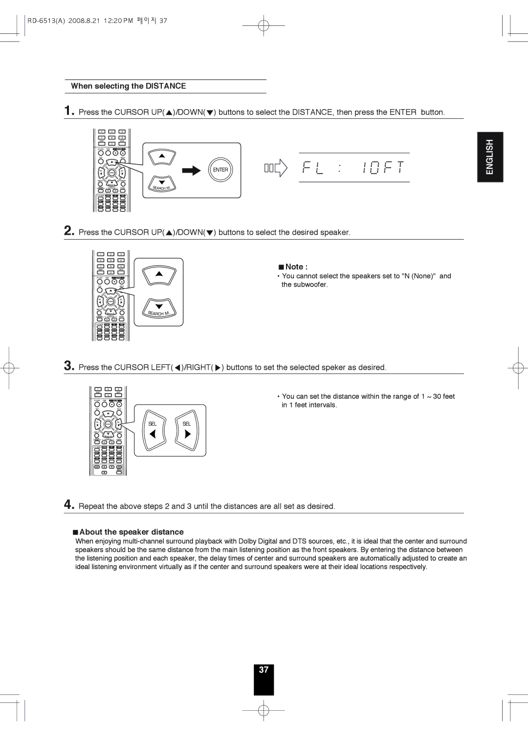 Sherwood RD-6513 manual When selecting the Distance, About the speaker distance 