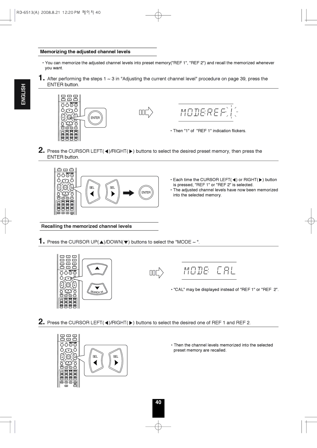 Sherwood RD-6513 manual Memorizing the adjusted channel levels, Press the Cursor UP/DOWN buttons to select the Mode ~ 