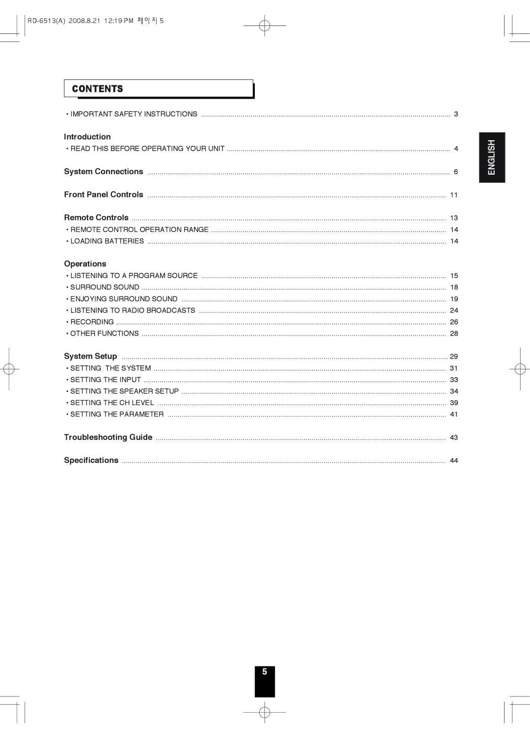 Sherwood RD-6513 manual Contents 